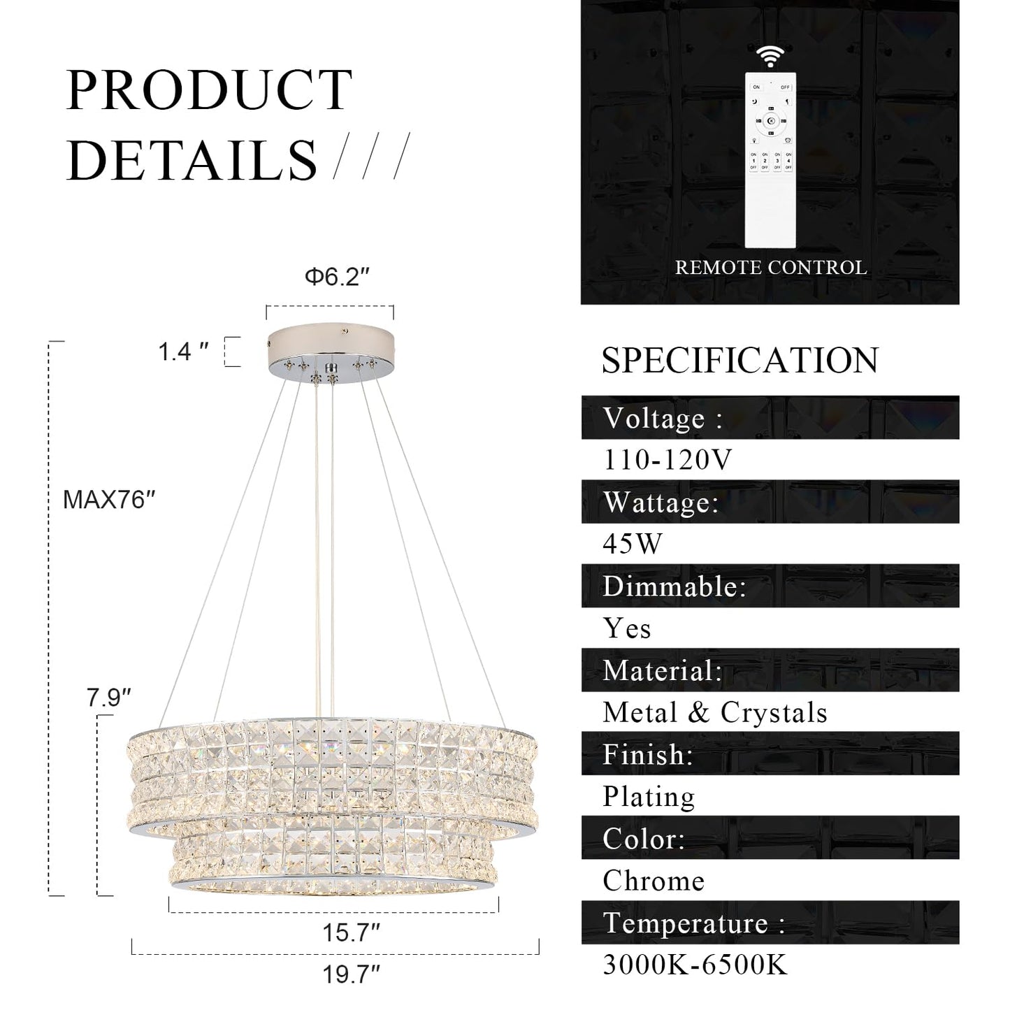 Poemoon LED Crystal Chandelier 2-Tier Dimmable Light Fixture 20in  Chrome Model 4003-500C for Dining Room Bedroom Kitchen