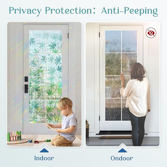 Haton Window Privacy Film, Rainbow Decorative Film, Stained Glass Window Clings, Static Cling UV Blocking Heat Control Tint Sticker for Home Door, Leaf Rainbow, 17.5" x 157.4" Non-Adhesive