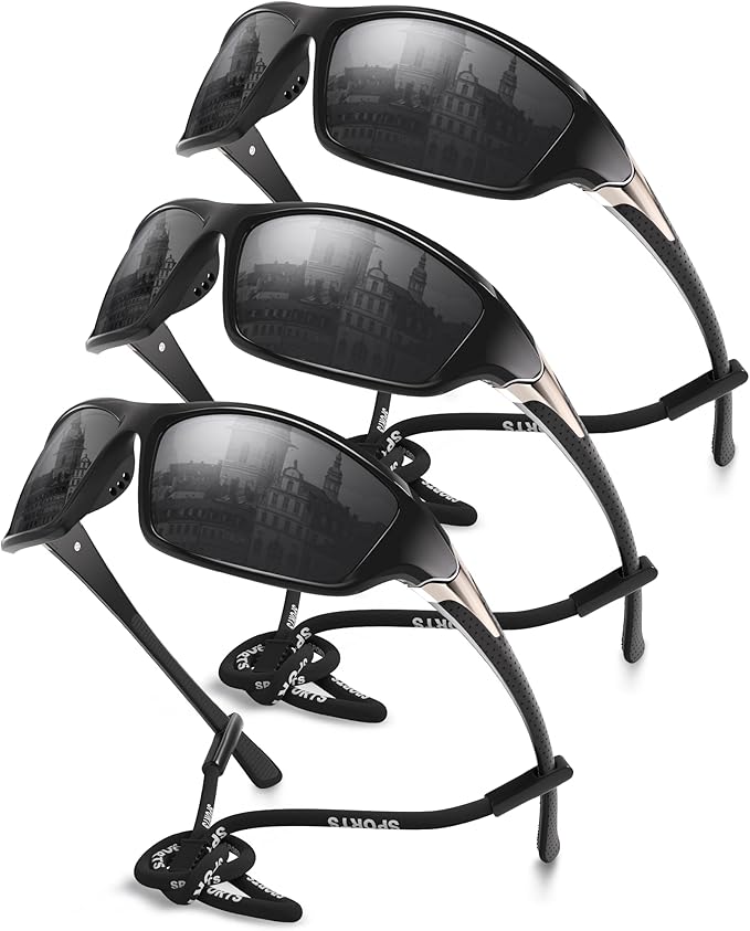 Foliful 3 Pack Polarized Sports Sunglasses for Men, Mens Sunglasses Wrap Around UV Protection for Cycling Fishing Driving