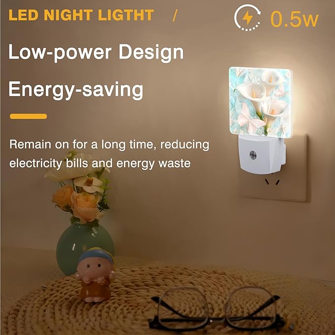 Calla Lilies and Butterflies Night Light, Plug-in Nightlight with Dusk to Dawn Auto Sensor for Home Bedroom Hallway Kitchen 0.5W Sleep Friendly Led Lamp for Women Men
