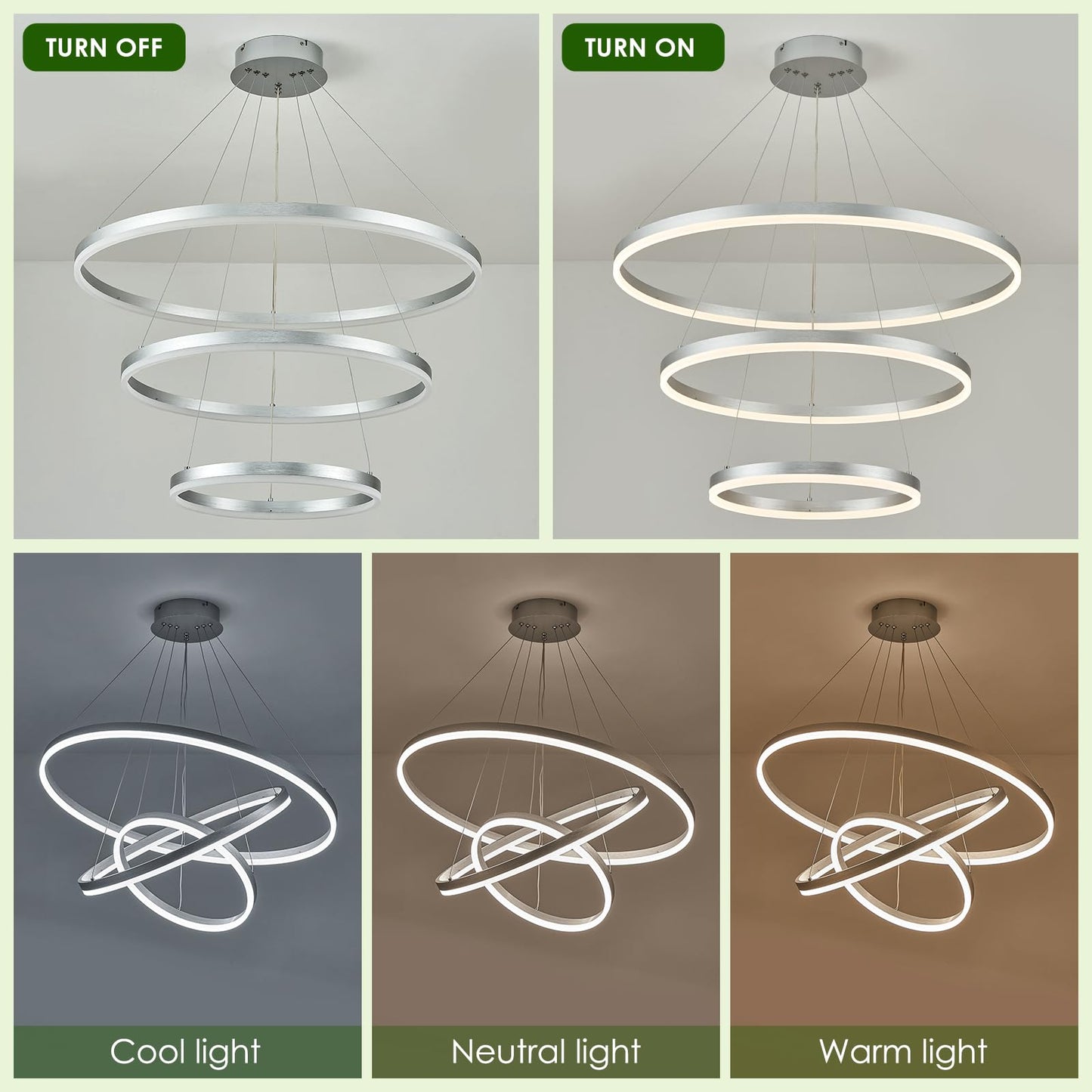 Benkut LED Chandelier Pendant Light, Dimmable, 3 Ring, Silver, Remote Control, High Ceiling, Model P60-3SDC1