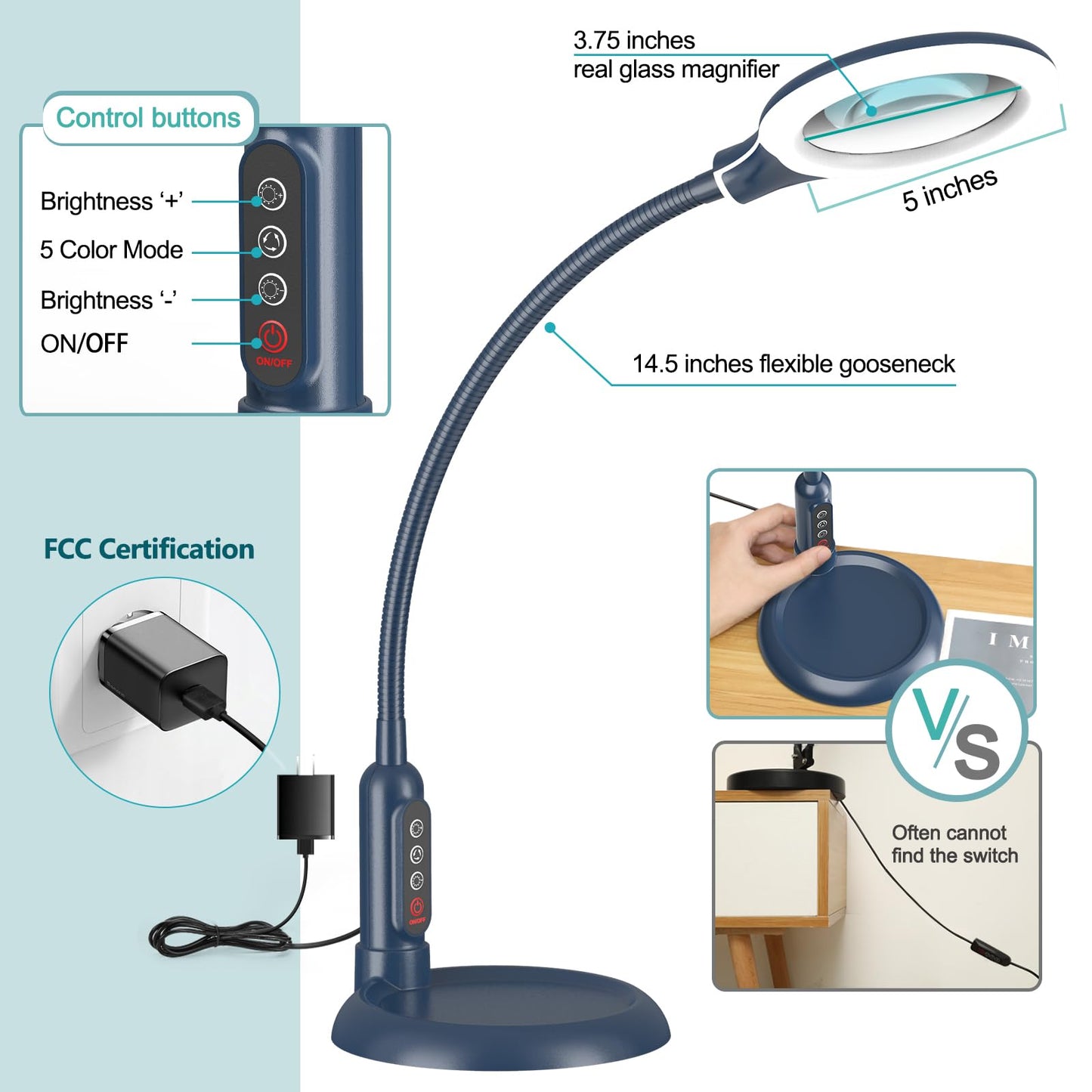 TOMSOO 10X Magnifying Glass with Light, Flexible Gooseneck, Aluminum, Blue, Model LBKB41HTM