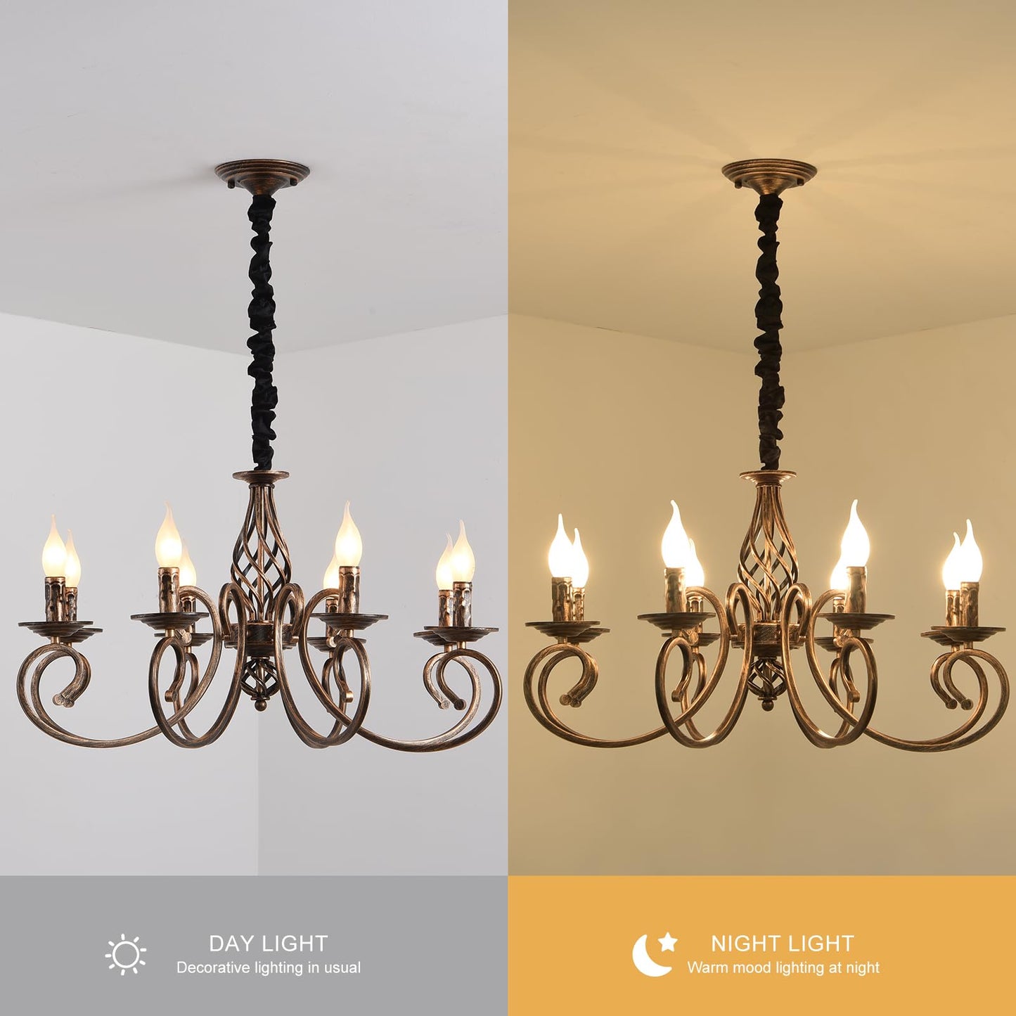 Ganeed Rustic 8-Light Candle Chandelier, Vintage Metal Pendant Light Fixture In Bronze For Farmhouse, Kitchen, Dining Room, Bedroom