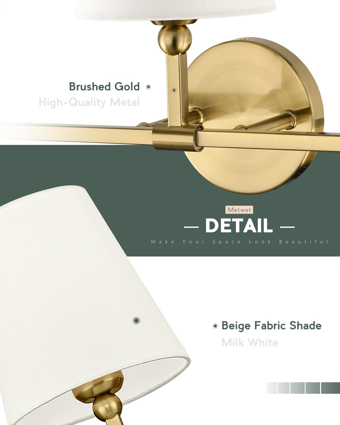 Metwet Bathroom Light Fixtures  Brushed Gold Vanity Lights With Beige Fabric Shade  3-Light Wall Sconce  Modern Sconces Wall Lighting For Hallway Bedroom  Vl837-Bg-B-3