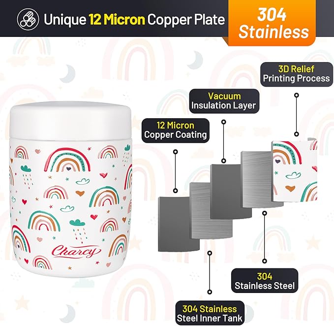 Charcy 9oz Stainless Steel Vacuum Insulated Kids Food Jar - Soup Thermo for Hot & Cold Food - White Rainbow