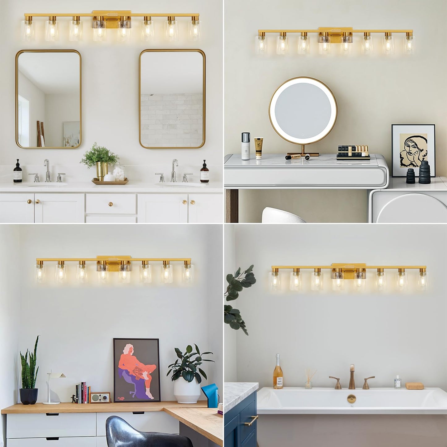 Hdasic 8 Light Gold Bathroom Light Fixtures  Modern Large Vanity Lights With Clear Glass Shade  Brushed Brass Bathroom Lighting Fixtures Over Mirror  Wall Scones Light For Bedroom  Living Room