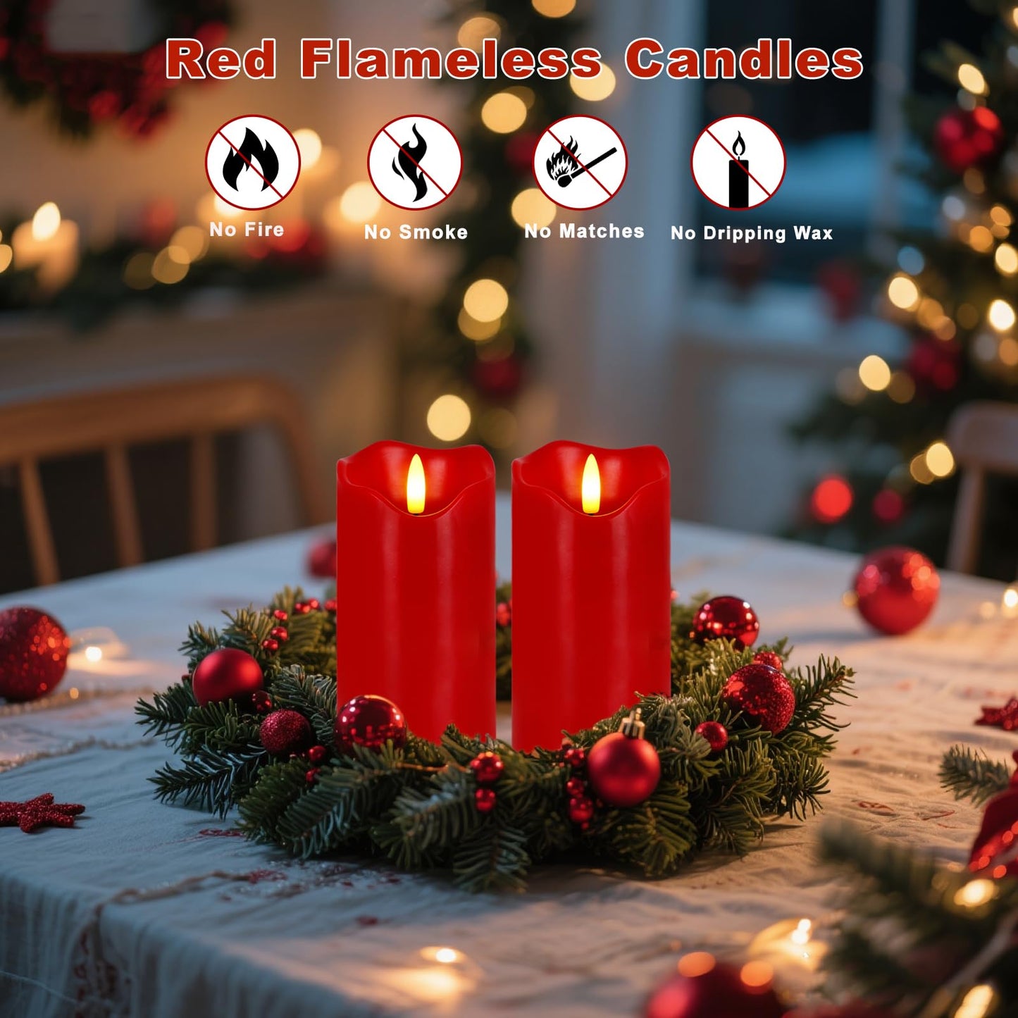 VEEKI Flameless Candles Light, Set of 2 6"x3" Flickering Christmas Flameless Candles with Remote & Timer, Dimmable Real Wax Pillar Candles Battery Operated, Red Candles for Home Xmas Decor (Red)