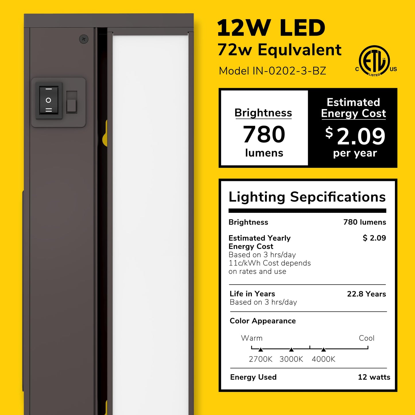 Getinlight 24-Inch Swivel Led Under Cabinet Lights  Glass Lens  Selectable White 2700K/4000K/5000K  Dimmable With Wall Dimmers  Bronze Finish  In-0202-3-Bz