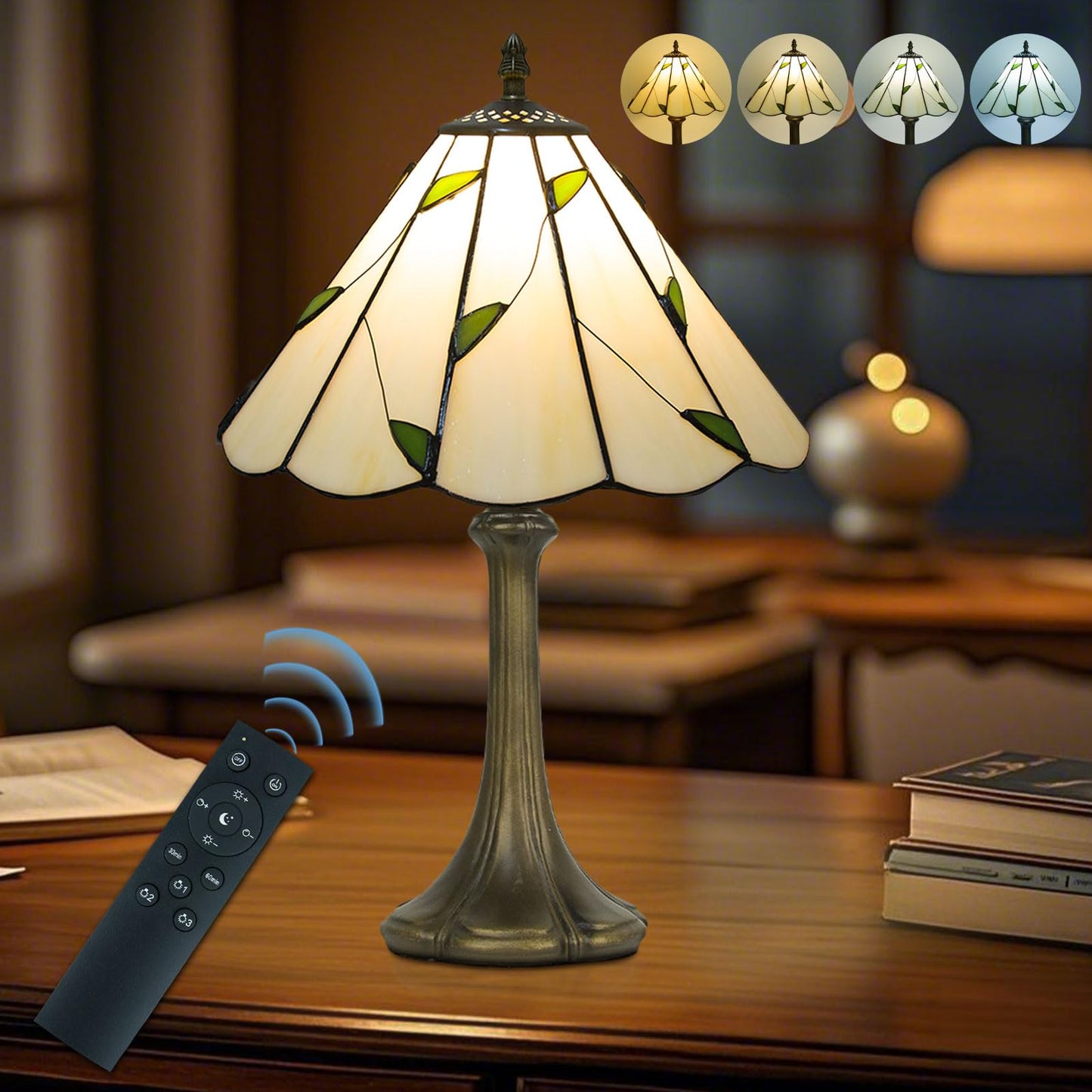 Crefotu 12 Inch Tiffany Table Lamp, Stained Glass, Remote Control, Dimmable, 9W Bulb Included, Umbrella Willow Leaves