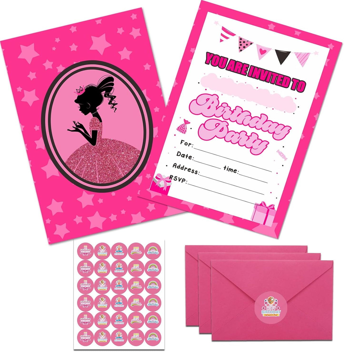 30 Pack Birthday Invitations Girl, Hot Pink Party Invitations for Girls with Envelopes and Sticker, Birthday Invites for Girls,Cute Birthday Party Invitations Cards for Kids, Party Decorations Supplies for Baby Shower Birthday Party