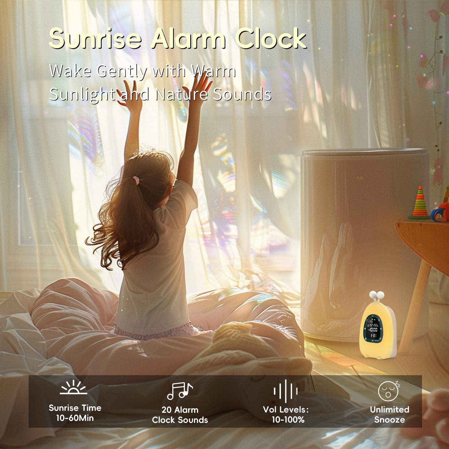 JAMYOK Sunrise Alarm Clock Wake Up Light, White Noise Sound Machine with 20 Soothing Sounds, 10 Night Lights, Bluetooth Speaker/App Control, Dimmable Clock for Baby Kids Adults Heavy Sleepers Bedrooms