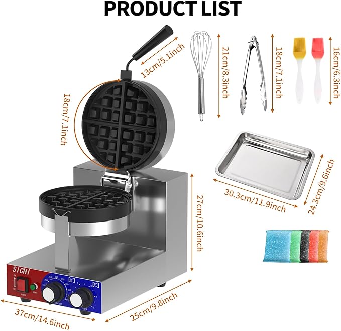 Commercial Waffle Maker - Belgian Waffle Maker w/Non-stick Baking Pan and 550℉ Heating, 1200W Rotating Waffle Iron for 1.2" Thick, Stainless Steel Round Waffle Machine for Restaurant