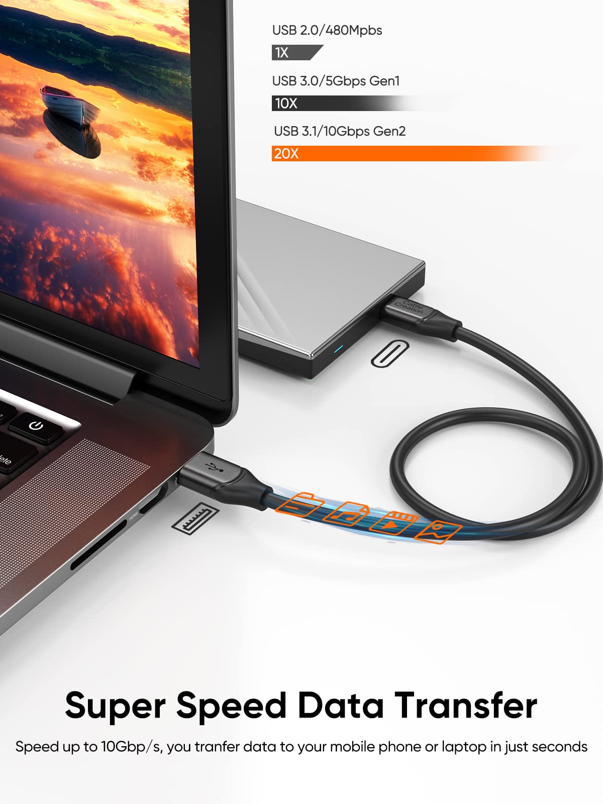 Cablecreation Usb C Data Cable 1.6Ft, Usb-A 3.2 Gen2 10Gbps, 3A Fast Charging, Support Android Auto & Carplay, Type-C External S