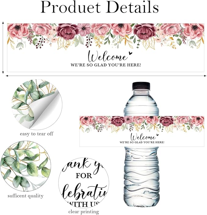 100PCS Wedding Water Bottle Labels Waterproof Greenery Floral Wraps Sticker for Water Bottle Baby Shower Bottle Label for Bridal Shower Party Welcome A07