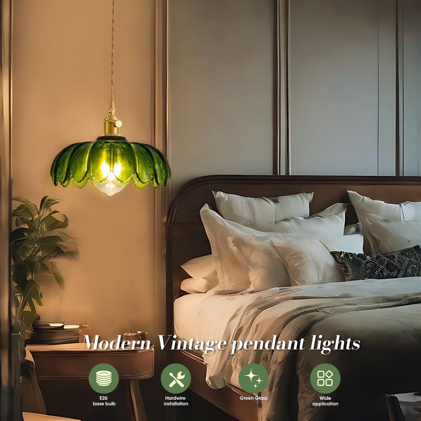 Beserwin Plug In Pendant Light  Hanging Lights With Plug In Cord  Hanging Light Fixture With Green Glass  E26 Pendant Lighting For Kitchen Island  Bedroom  Dining Room  Living Room