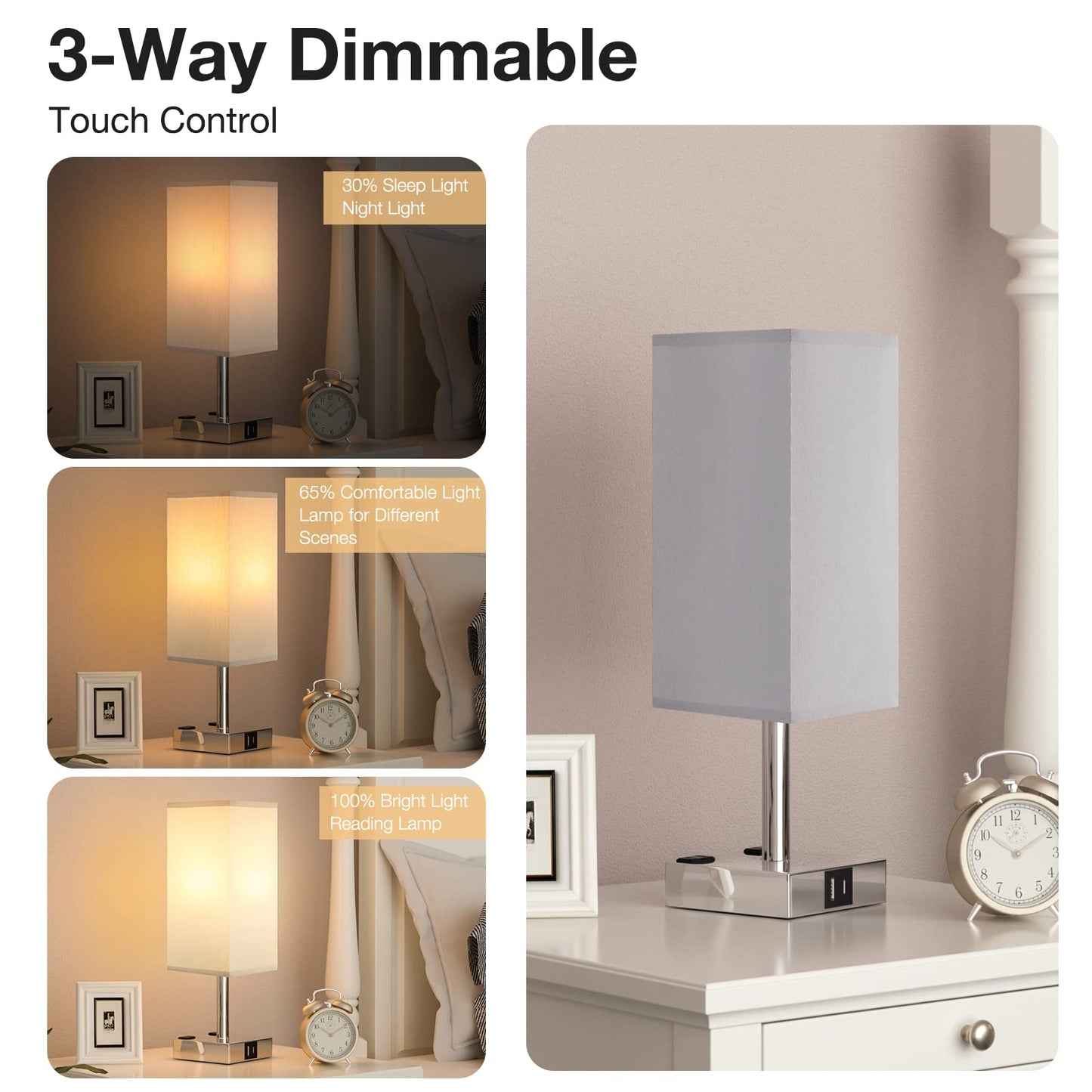 aooshine Bedside Table Lamp Touch Control with USB C+A, Dual AC Outlets, 14in Gray & Silver, Linen Shade, LED Dimmable Bulb Included