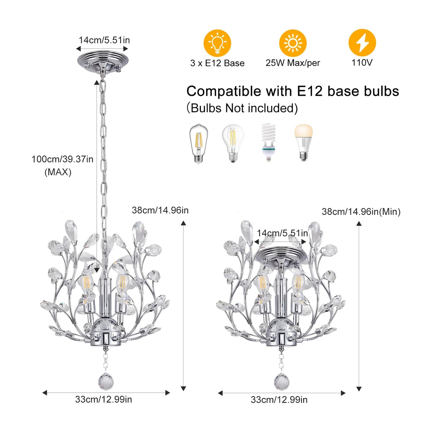 Ganeed 3-Light Branch Crystal Chandelier  Small Flush Mount Vintage Pendant Hanging Lighting  K9 Crystal Farmhouse Ceiling Light For Dining Room Bedroom Living Room Kitchen Hallway  Chrome Silvery