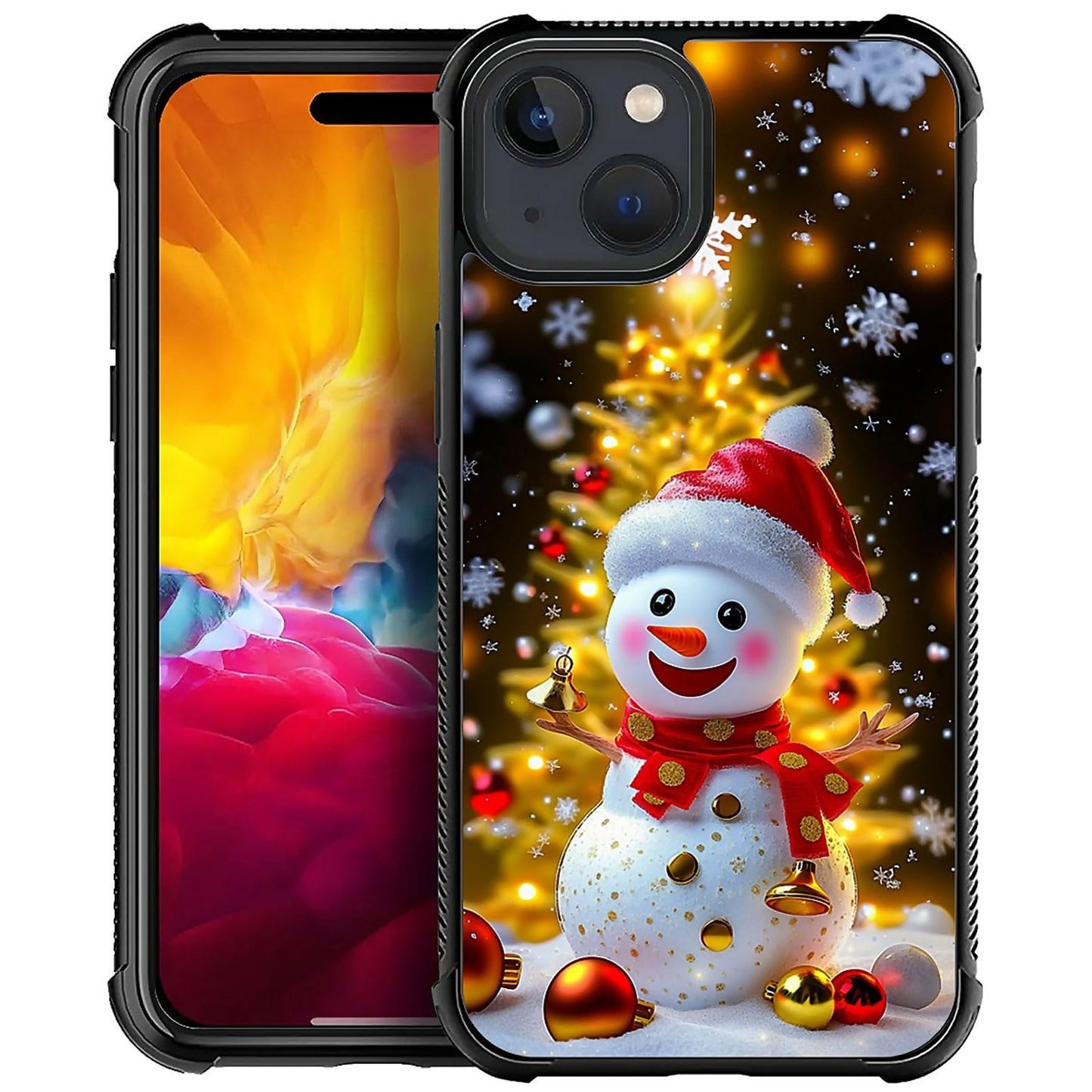 XUANWENPA for iPhone 15 Case,The Black Shell Design is Bright,Anti Drop and Dust-Proof,Christmas Golden Tree Snowman.