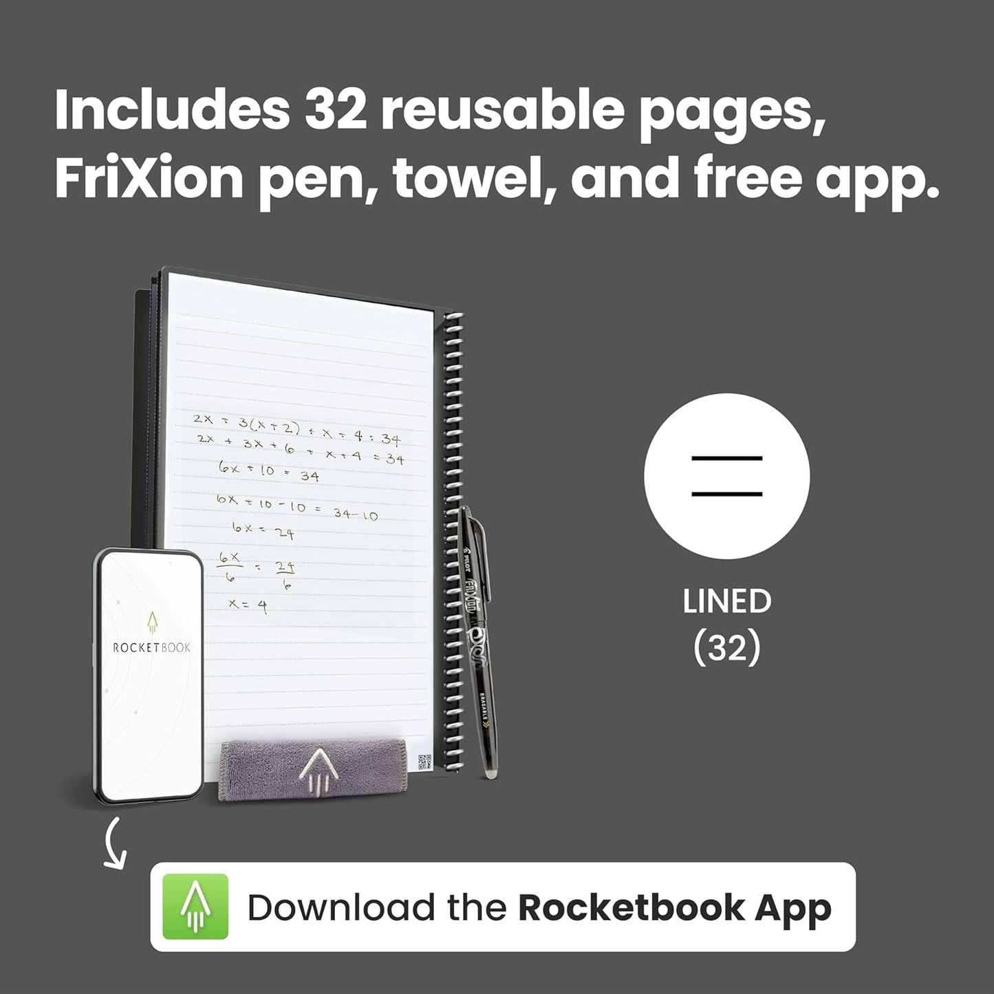 Rocketbook Core Reusable Spiral Notebook, Letter Size 8.5x11, Gray - Lined Pages, App-Connected, Erasable, Durable Cover, Ideal for School, Work, and Creative Projects