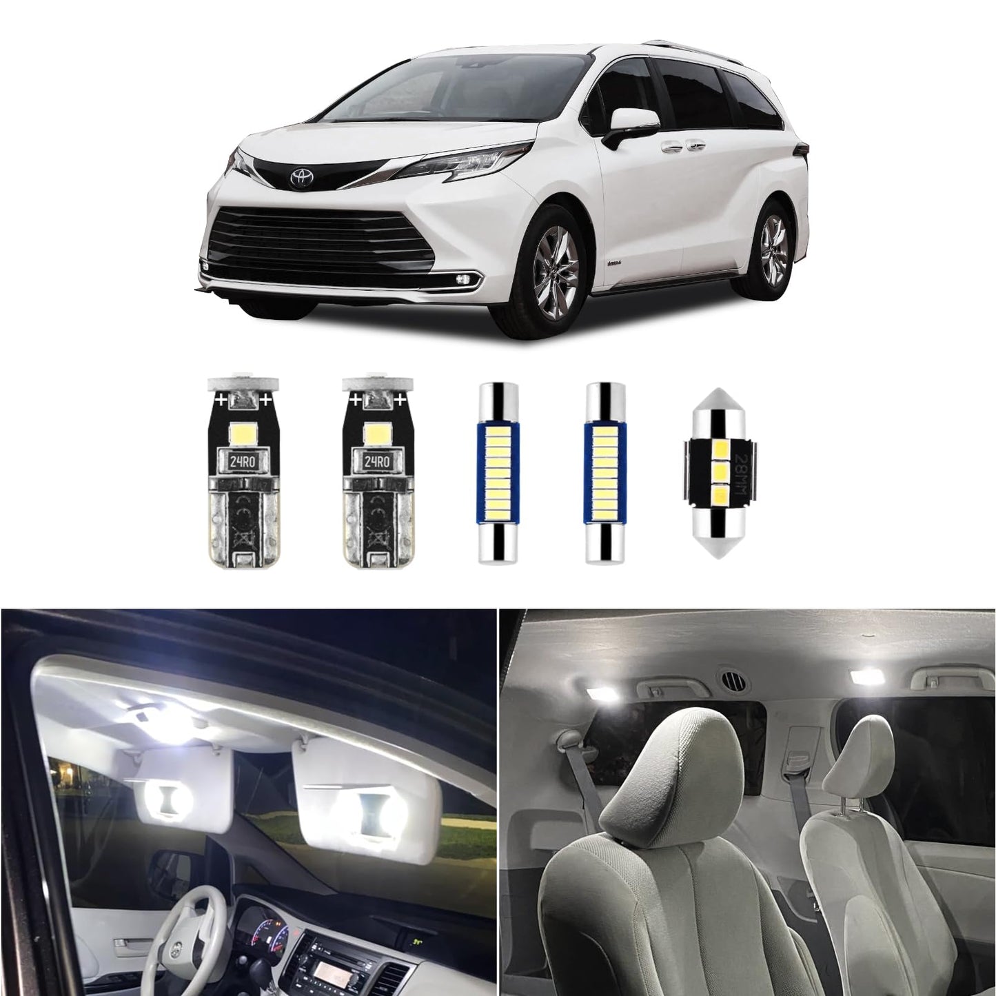 16 Pcs Super Bright 6000K White Led Interior Light: Bulbs Kit Package For 2011-2015 2016 2017 2018 2019 2020 2021 Toyota Sienna Lighting Package Kit Includes Light Accessories+ And Install Tool