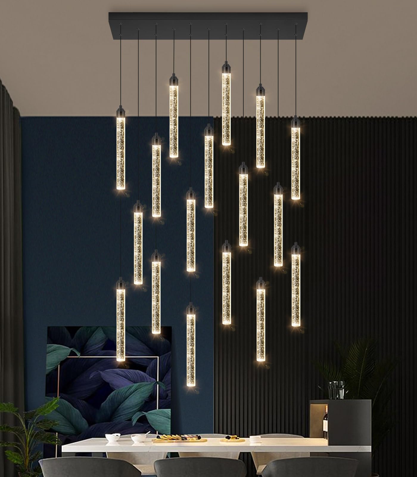 Rectangular Chandeliers 17-Lights Long Light For Entryway Led Dimmable Chandeliers Lighting Fixture Flat Sloped High Ceiling Pendant Lights Crystal For Living Room Foyer Hallway Staircase Black