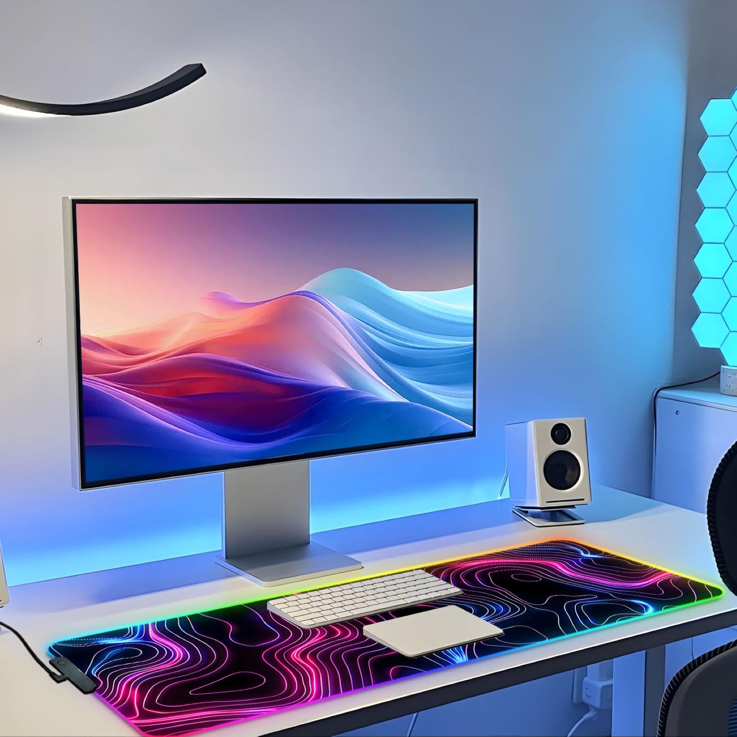 Stanoha RGB Mousepad LED Desk Mat Gaming Large Keyboard Cute Desktop Computer Laptop 14 Light XXL Long Giant Big Cool Modern Design Unique for Men Boys Gamer Oversized Wide 30x12'' Mousepad, Topo