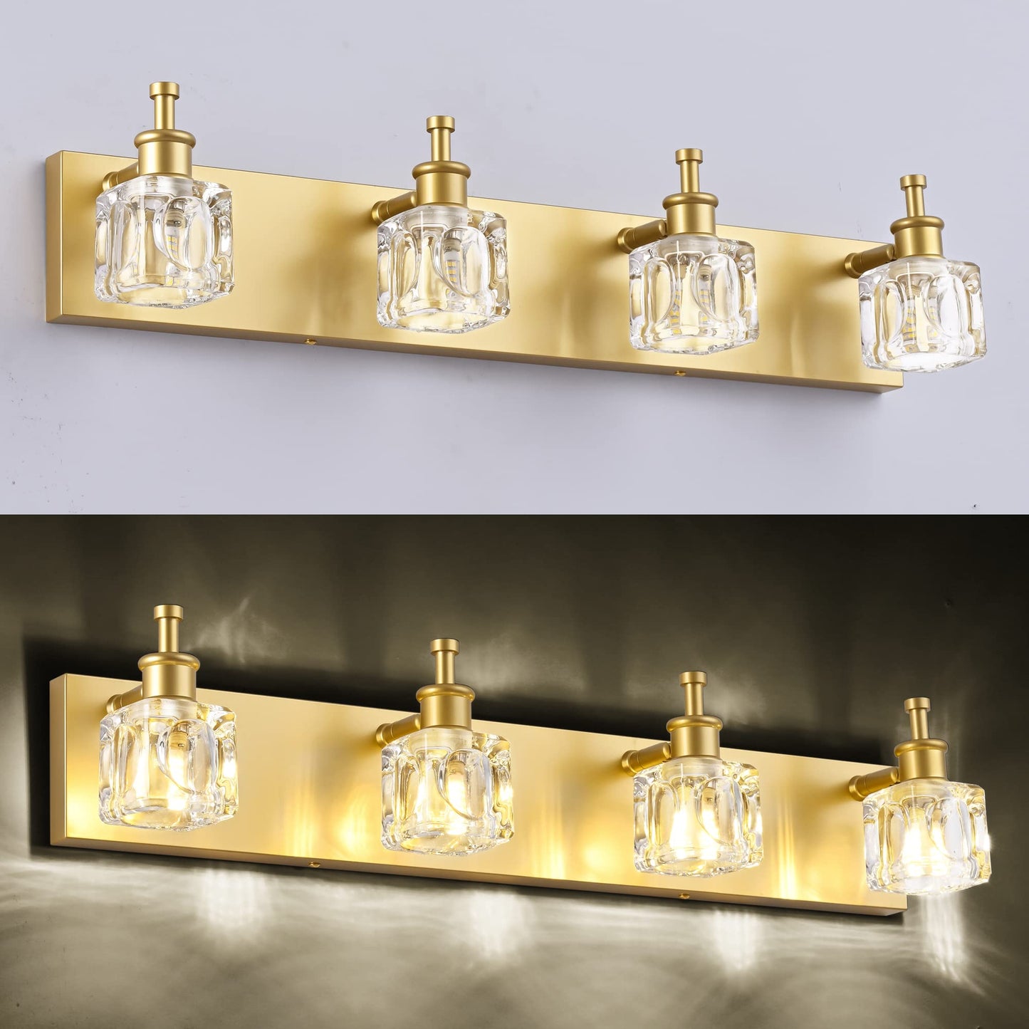 Presde Modern Crystal Bathroom Vanity Light - 4-Light Gold Fixture Over Mirror, Excludes Bulb, Model 476E546C-B841-4F4F-A519-Bb35D