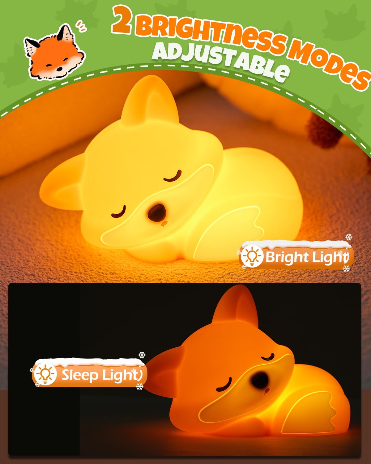 Cute Fox Night Light  Animal Lamp  Food Grade Silicone  Rechargeable  2 Level Dimmable  Squishy Nursery Nightlight For Desk Decor  Funny Gifts Stuff For Boys Girls Baby  White Elephant Gifts