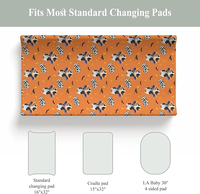 Halloween Cow Bats Pumpkins Baby Changing Pad Covers for Boy Girl Cute Cows Moon Stars Fitted Change Table Pad Covers Mats Spooky Farm Animal Soft Diaper Change Table Cover Sheets 32''×16'' Orange