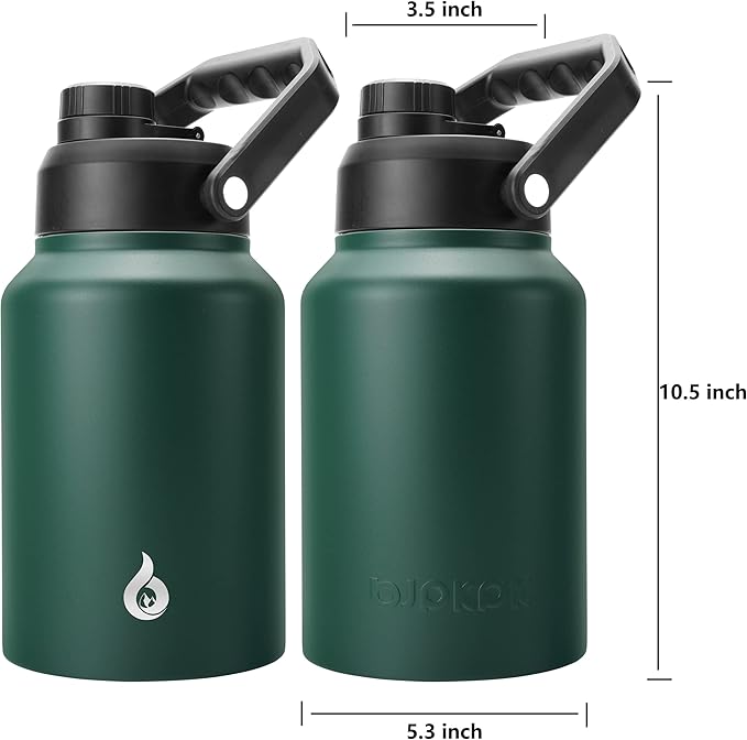 BJPKPK 64 oz Insulated Water Bottle, Dishwasher Safe Half Gallon Water Bottle with Ergonomic Handle, BPA Free Leak Proof Water Jug for Sports, Metal Jug with Anti-slip Bottom, Army Green