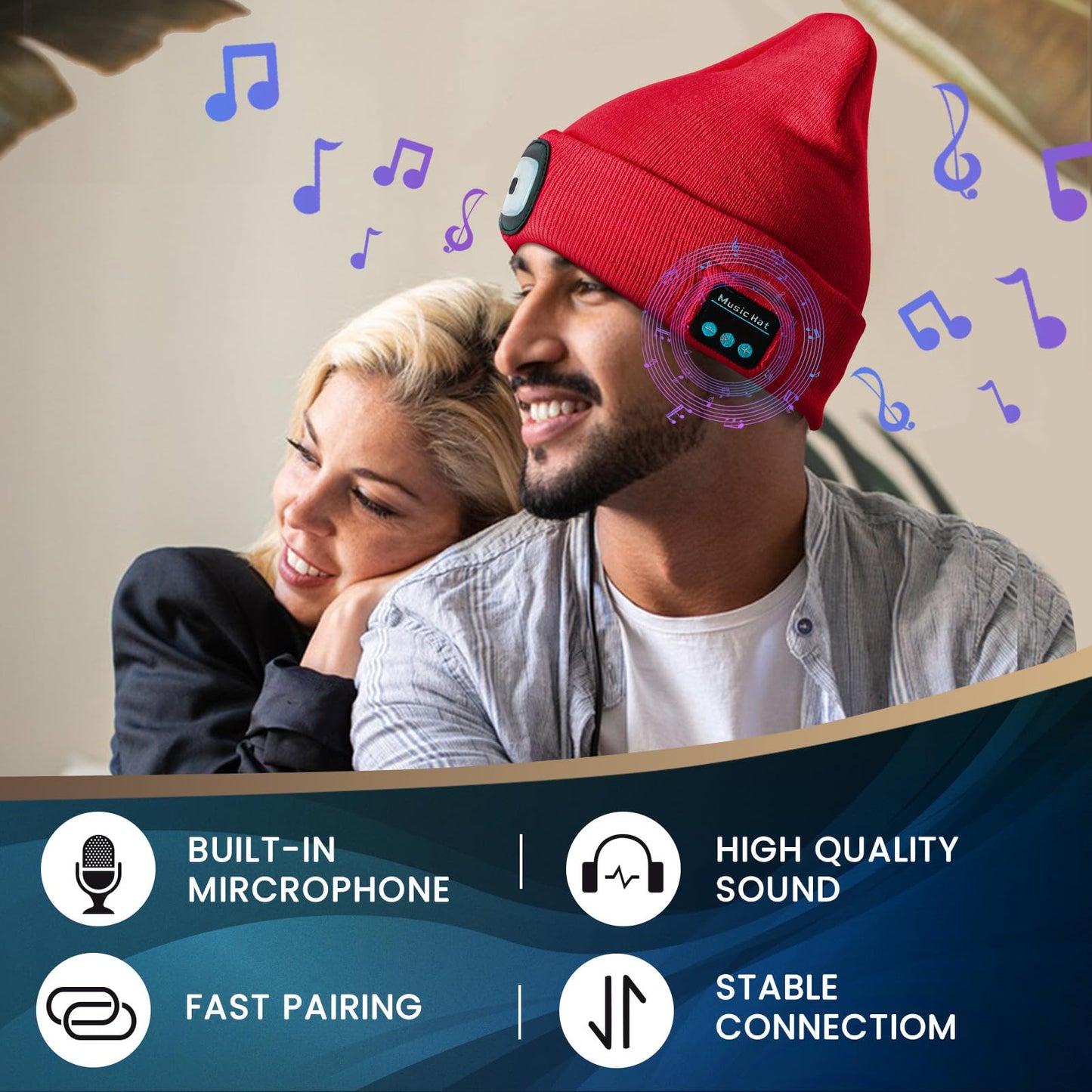 Vibhigh-standard Bluetooth Beanie Hat With Light  Usb Rechargeable Led Headlamp With Wireless Headphones  Christmas Gifts Stocking Stuffers For Men  Teen Boys  Him  Husband  Boyfriend  Red
