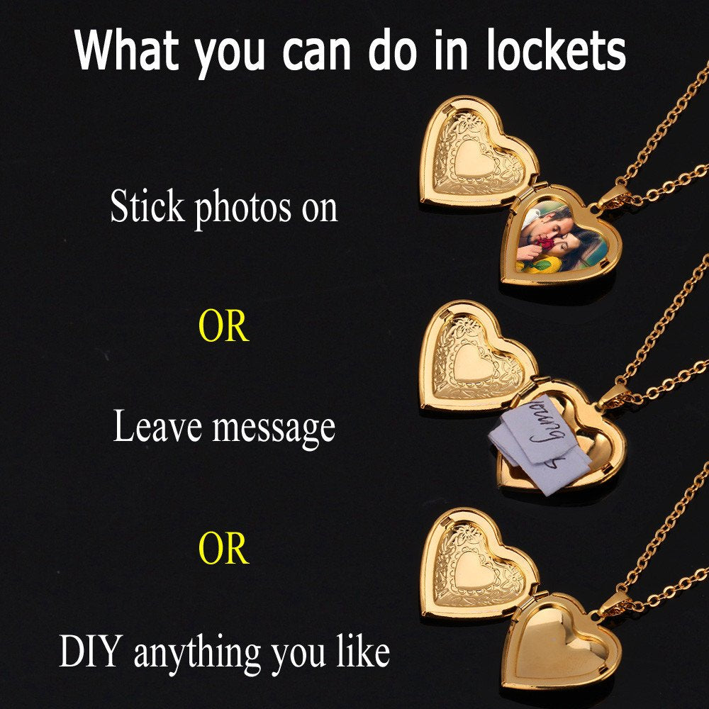 U7 Heart Locket Necklace with Blooming Flower Grain 18K Real Gold Plated Cable Link Chain Photo Locket Pendant for Women