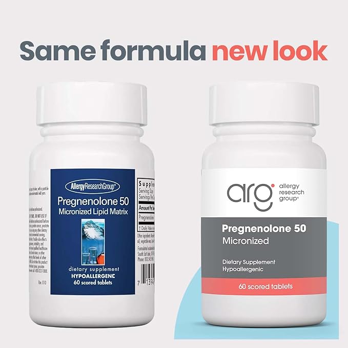 Allergy Research Group Pregnenolone Supplement - Progesterone Supplements 50mg, Hormone & Stress Support, Made from Non-GMO Wild Yam, Micronized Lipid Matrix, Plant-Sourced, Scored Tablets - 60 Count