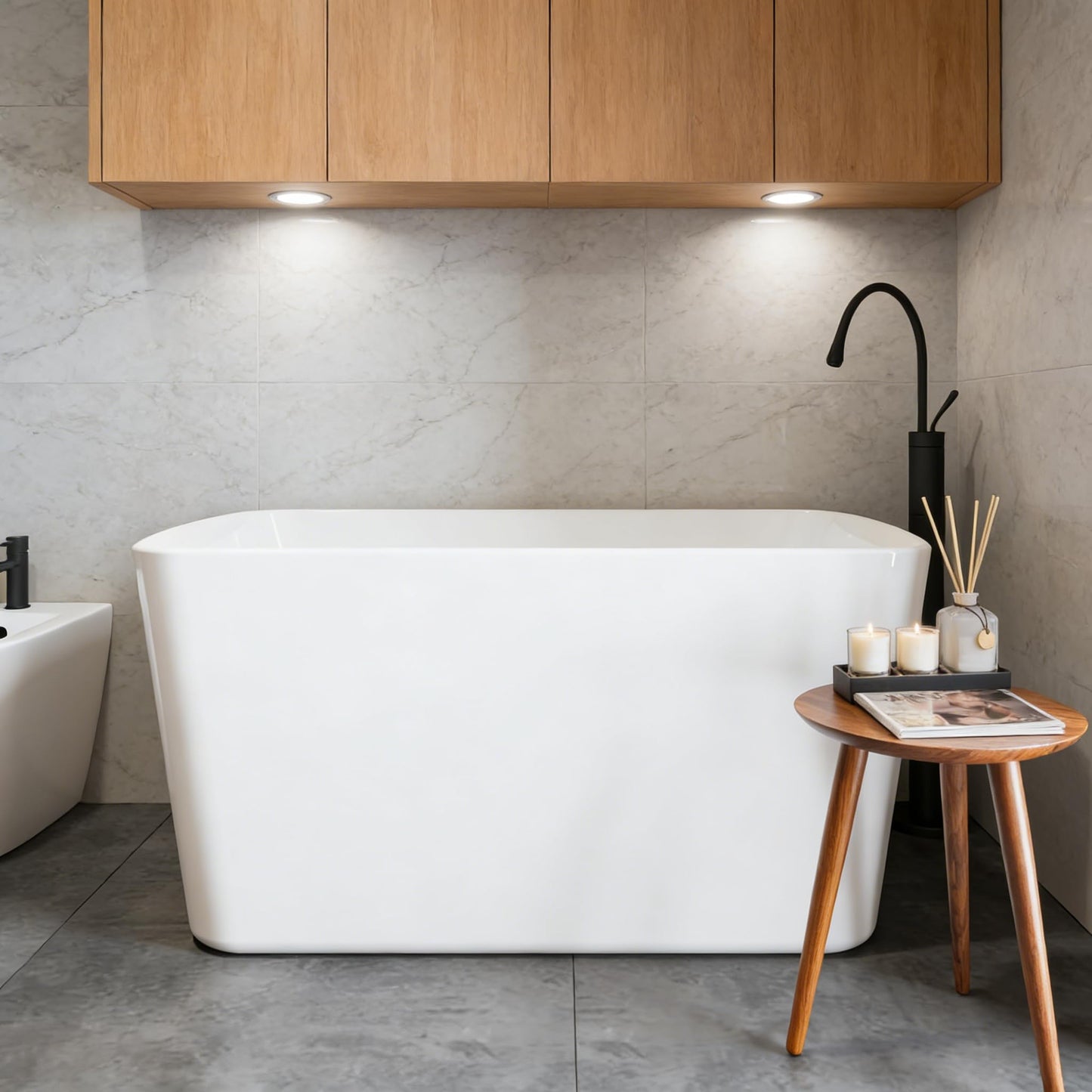 49" Acrylic Freestanding Soaking Bathtub, Matte Drain & Black Overflow, Modern Design Tub for Home Bathroom Renovations, Glossy White