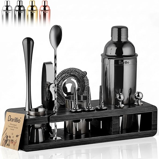 Barillio Black Bartender Kit - Stainless-Steel Cocktail Shaker Set w/Black Bamboo Stand - Mixology Bar Tools w/Drink Shake...