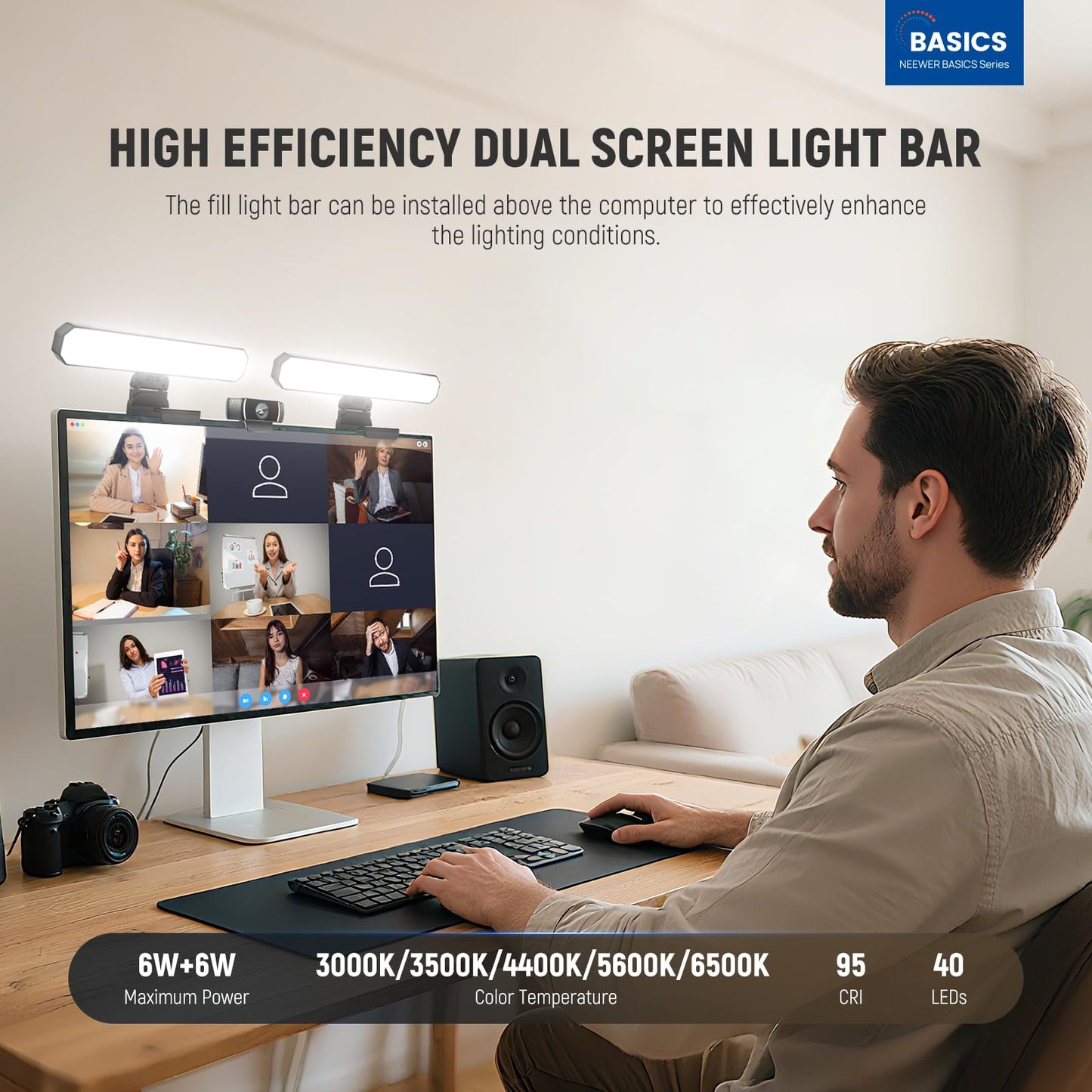 Neewer Basics 12W Dual Monitor Light Bar With Stands, Led Desk Lamp For Home Office Video Conference Lighting Computer Laptop We