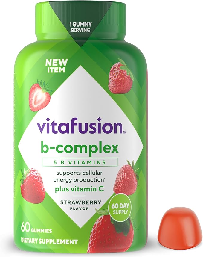 Vitafusion B-Complex Gummy Dietary Supplements, with 5 B Vitamins to Support Cellular Energy Production (1), Plus Vitamin C, Strawberry Flavor, 60 Count