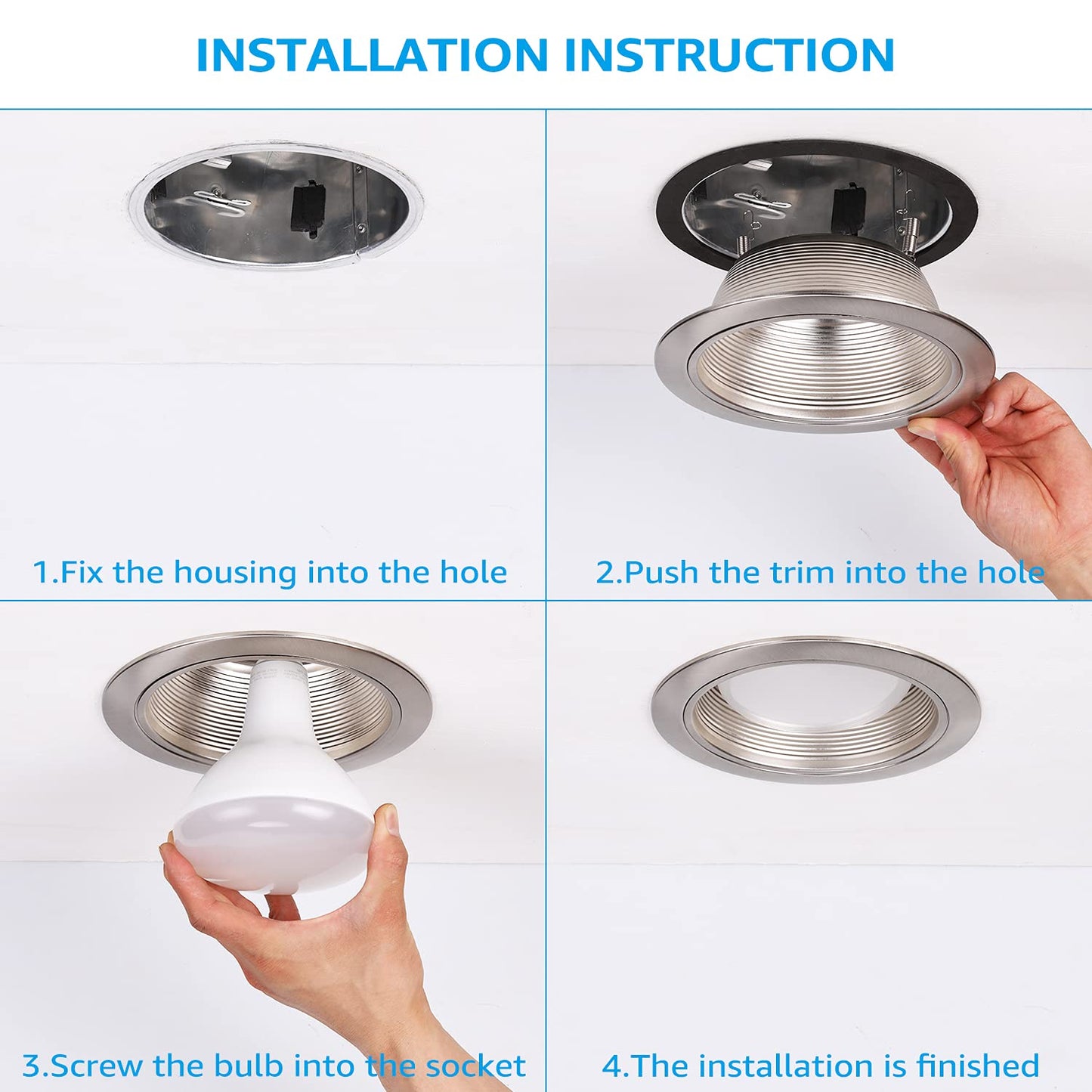 TORCHSTAR 12-Pack 6 Inch Stylish Decor Recessed Light Trim, Step Baffle with Detachable Ring, Full Metal, Fit Halo/Juno Remodel Housing, Satin Nickel