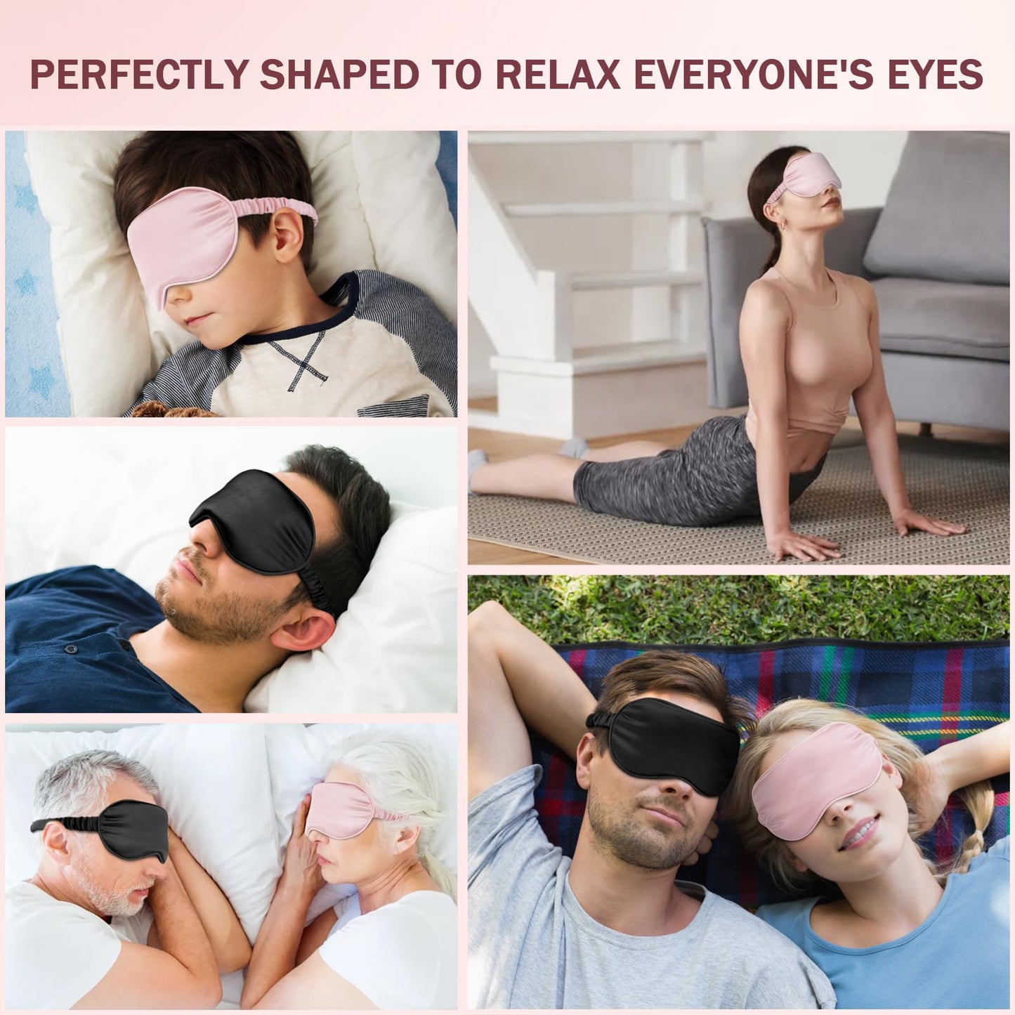 Amrules Silk Sleep Mask Set of 2, Adjustable Silk Eye Mask for Sleeping, Soft Sleeping Eye Shade Cover for Women, Good for Blocking Light, Reducing Puffiness, Enhancing Sleep Quality (Pink & Black)