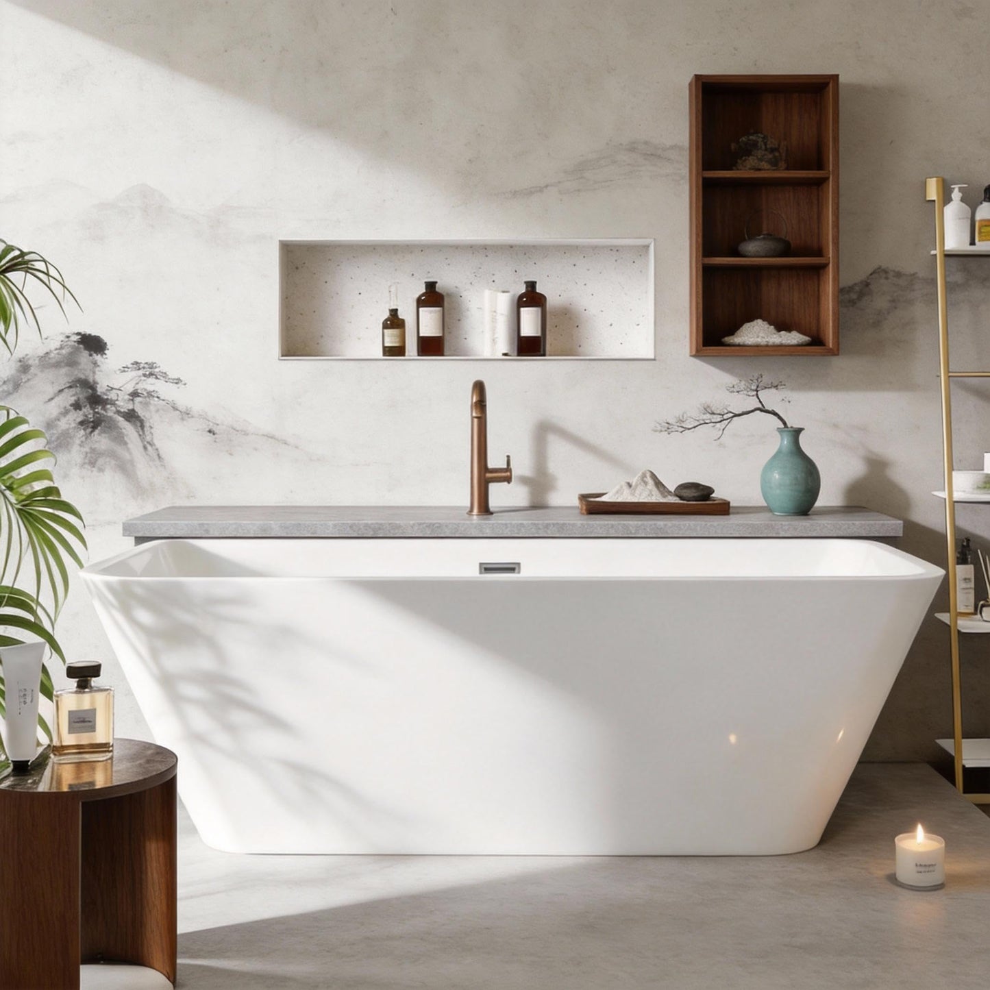 59" Acrylic Freestanding Soaking Bathtub, Matte Drain & Black Overflow, Modern Design Tub for Home Bathroom Renovations, Glossy White