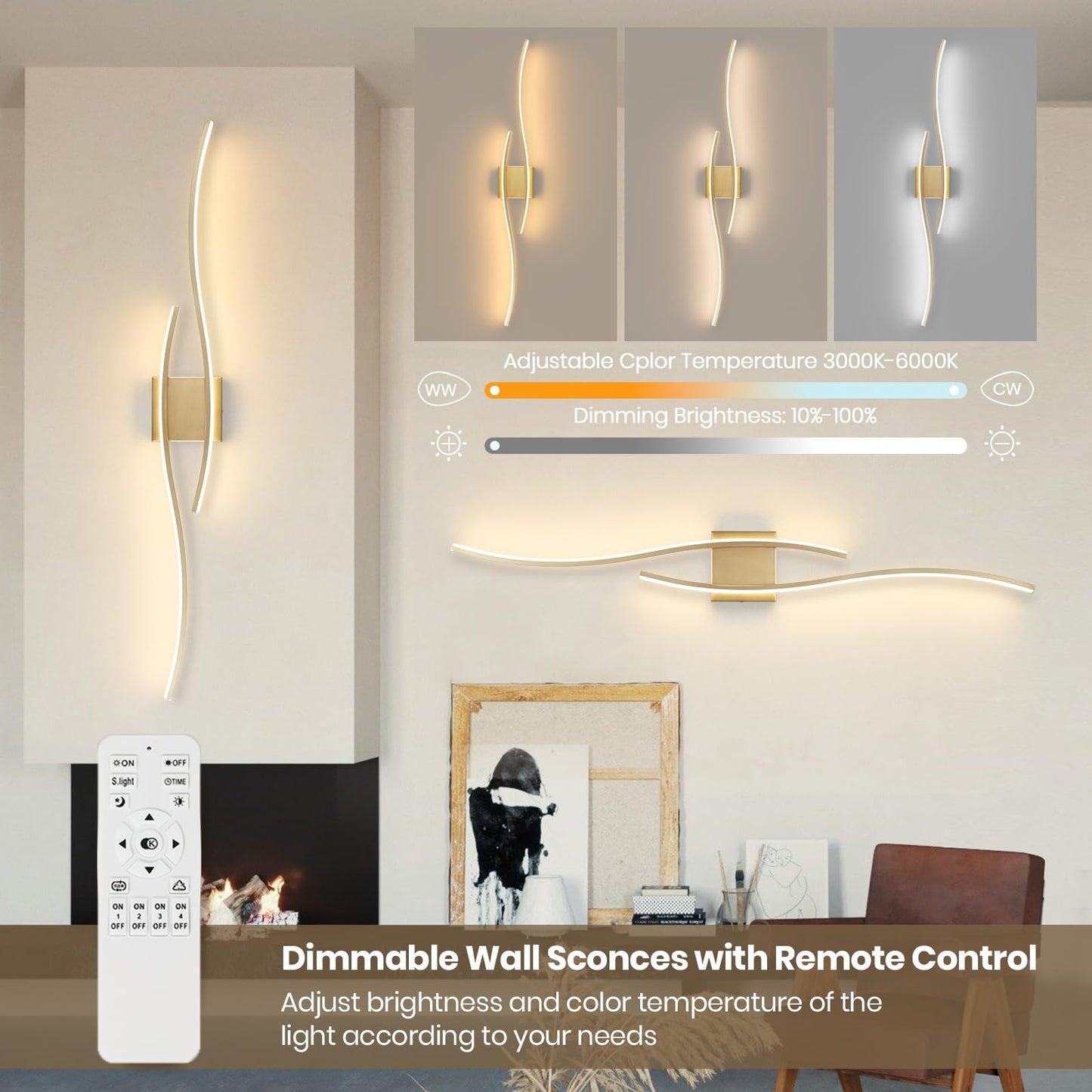 EIDEARAY Modern LED Wall Sconce Set of 2, Dimmable Gold Lighting, Hard Wired, Model WL-CTGD-D2