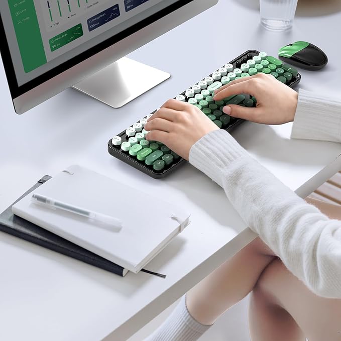 MOFII Wireless Keyboard and Mouse Combo, 2.4GHz Retro Typewriter Keyboard Full Size, Cute Wireless Mice, USB Dongle Plug and Play, for Laptop, PC, Desktop, Windows (Black Green Gradient Color)