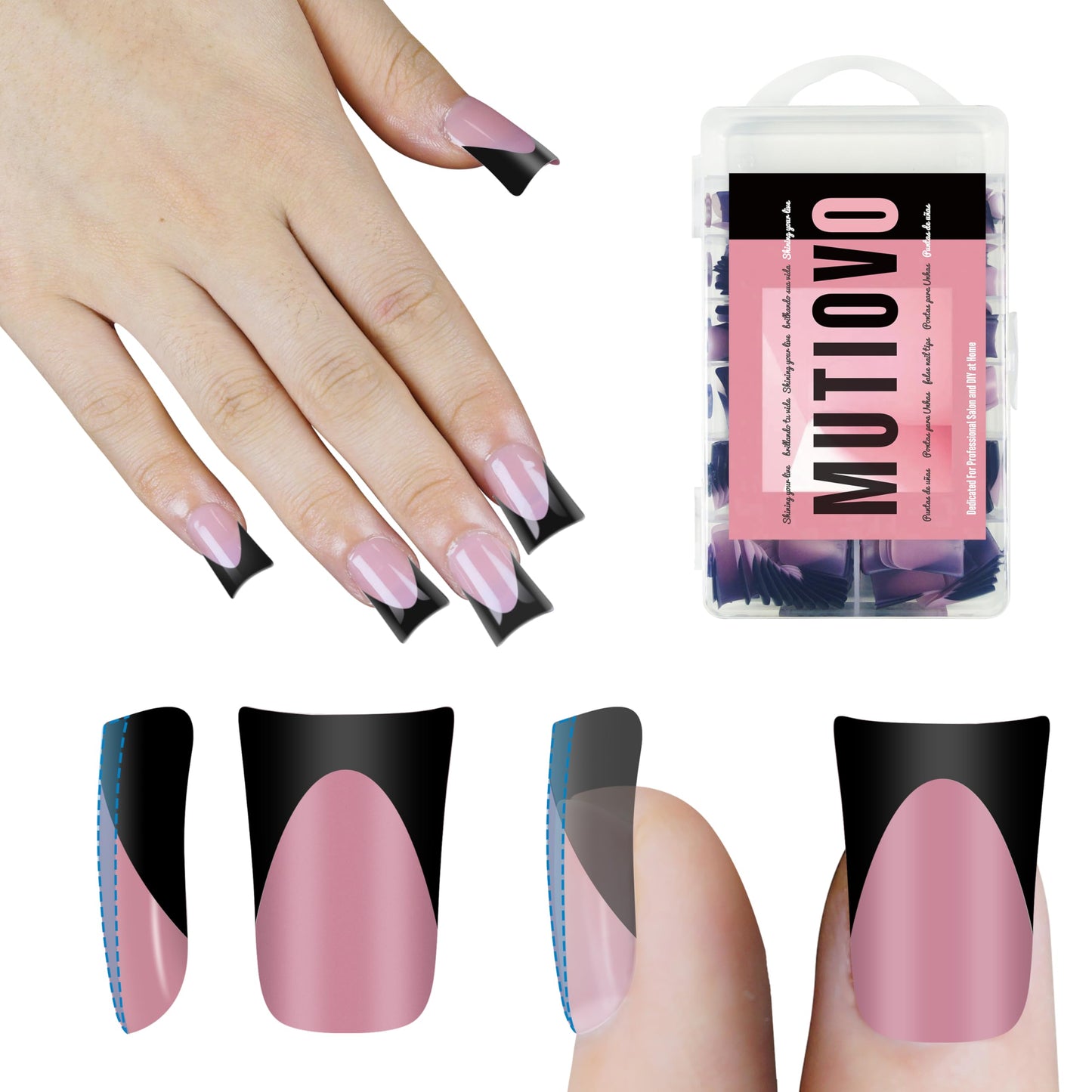 MUTIOVO Black French Tip Short Duck Nail Tips Press on, BERRY PINK Extra Thick Pre-designed Soft Gel Nail Extension, Need Builde