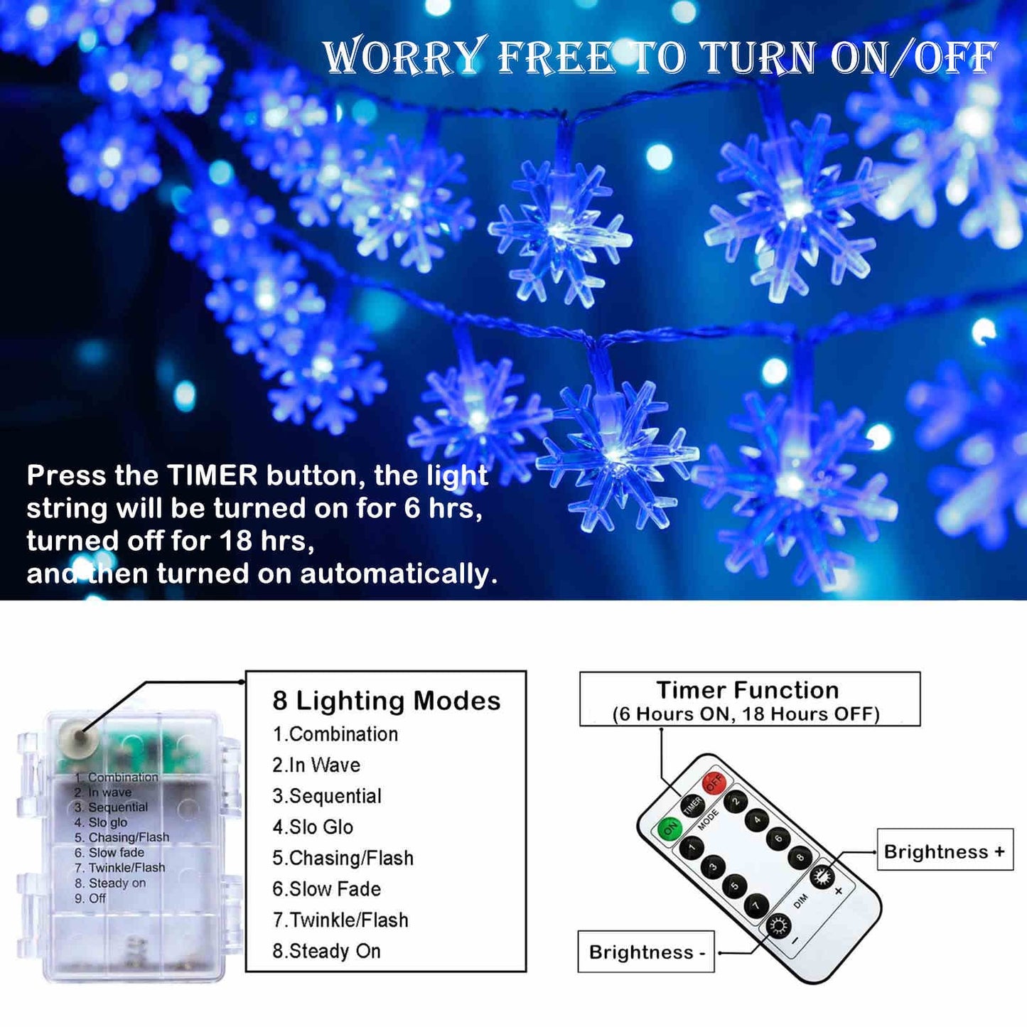Runleo Christmas Snowflake String Lights, 20 FT, 40 LED, Battery Operated, Blue, 8 Modes, Indoor/Outdoor, Model 0202001