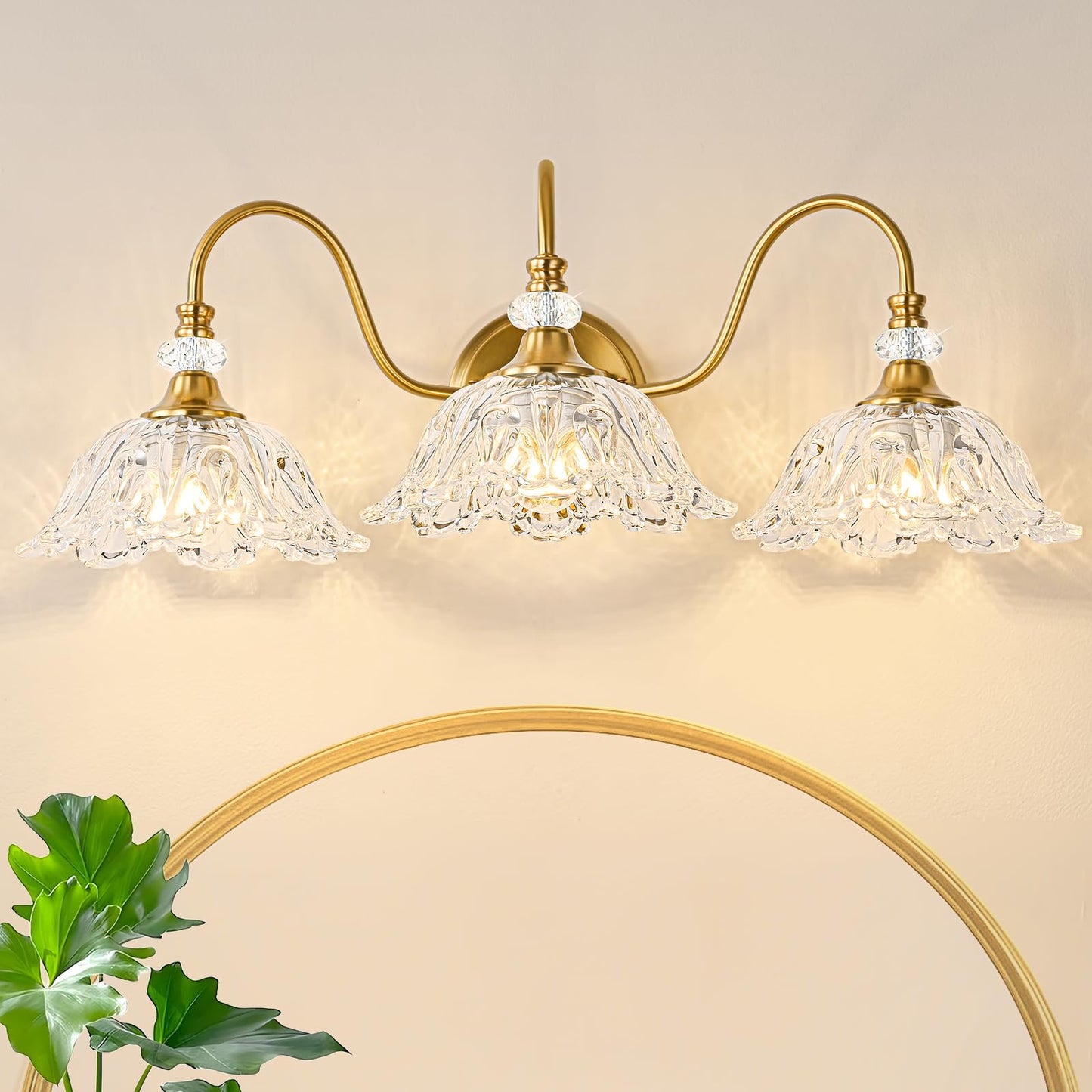 Sunkryster Gold Bathroom Vanity Light  3-Light Brushed Gold Finish Vanity Light With Floral Clear Glass Shades  Retro Wall Mount Lighting For Bathroom  Dressing Table