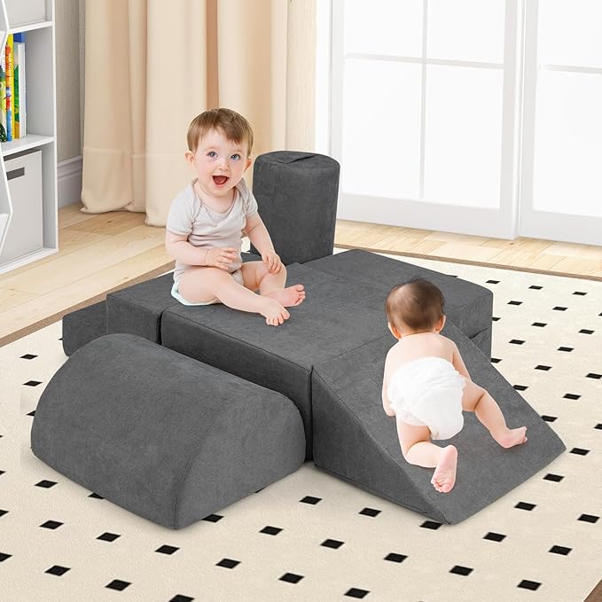 Costzon Toddler Climbing Toys Indoor, 6 Pieces Foam Climbing Blocks for Baby Inside with Skin-Friendly Chenille Fabric, 30D High-Density Foam & Carrying Handles, Soft Play Climbing for Toddlers (Gray)