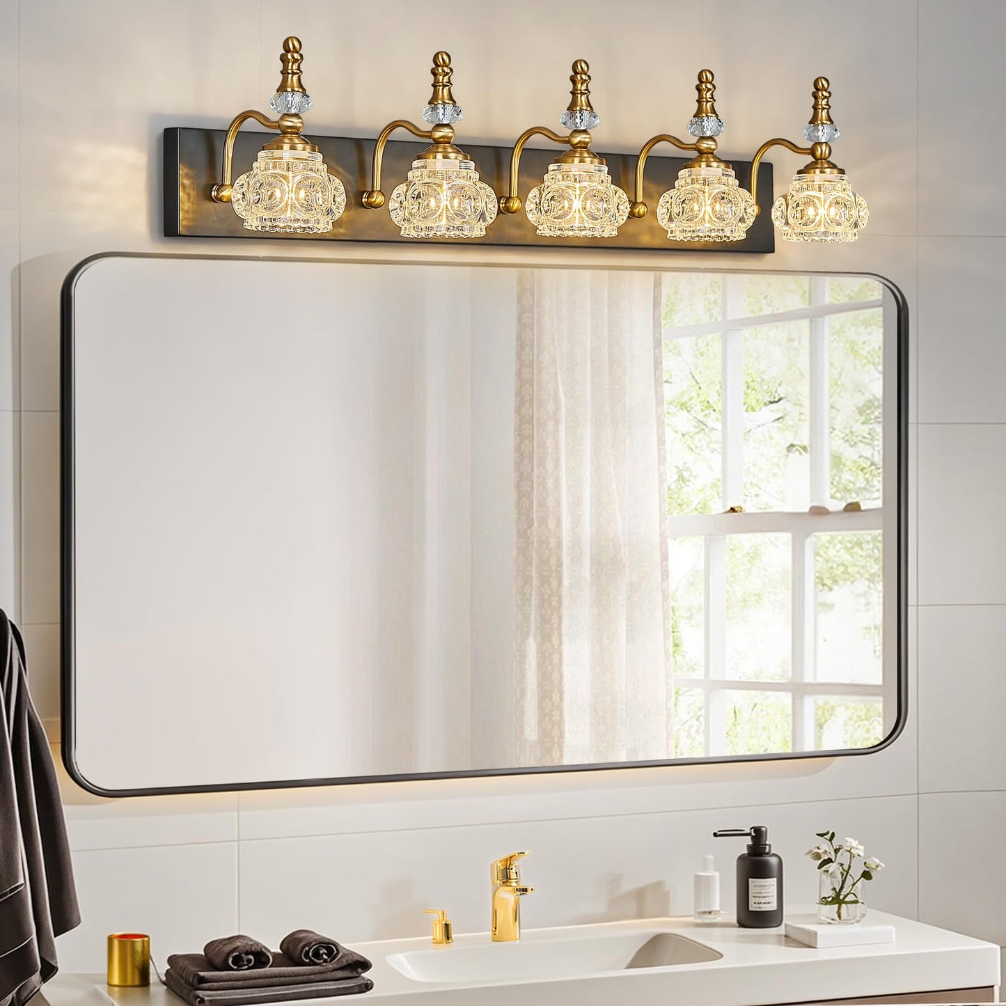 Lbsqj Modern Glass Crystal Vanity Light - Vintage Bathroom Lighting Fixtures Over Mirror  5 Light Vanity Lights G9 Bulb (35.43 Inch  Black Gold)