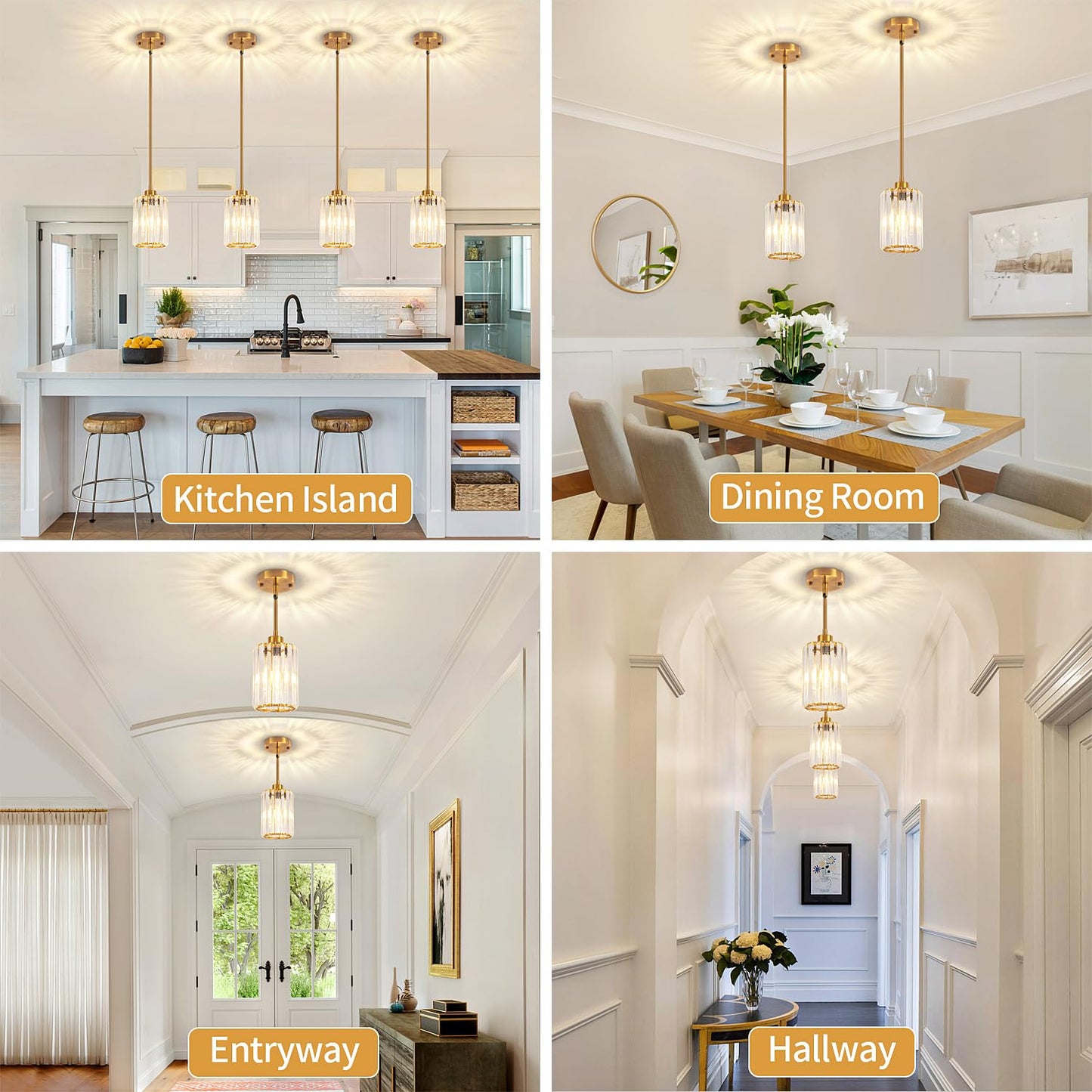 Zsmihdoh 2 Pack Pendant Lights Kitchen Island  Modern Gold Crystal Pendant Lighting  Kitchen Hanging Light Fixtures Mini Chandelier Pendant Lighting For Island Dining Room Hallway