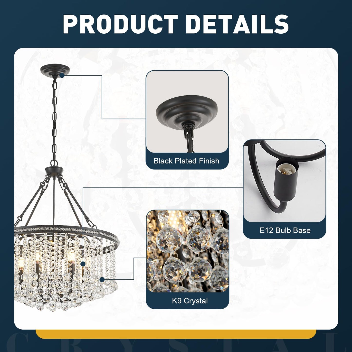 6-Light Black Crystal Chandelier Modern 21.6 Contemporary Round Pendant Chandeliers Crystal Ball stylish Ceiling Hanging Lighting For Living Dining Room Kitchen Island Bedroom Entryway Foyer