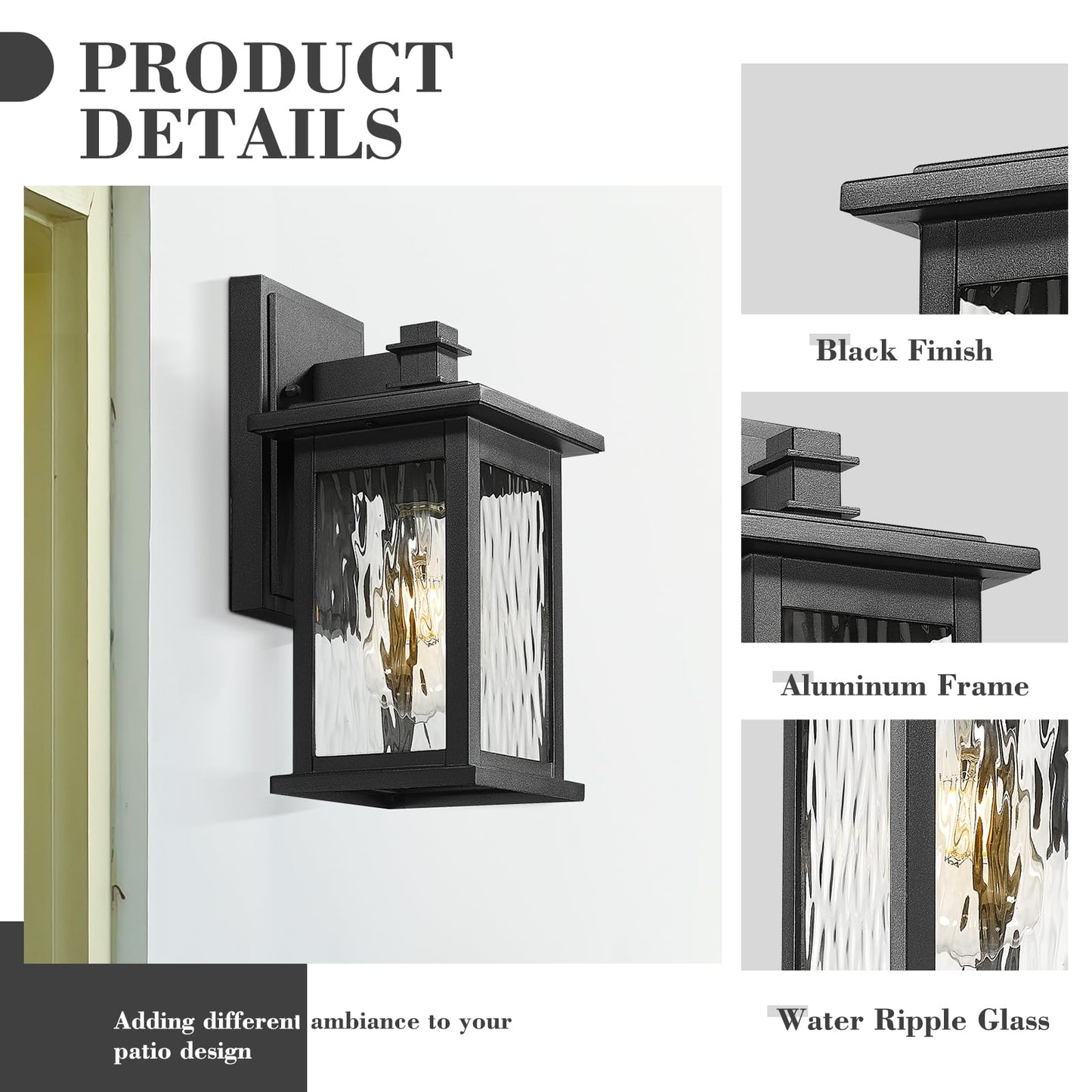 Emliviar 2-Pack Outdoor Wall Lights, 12 Inch Black Aluminum Fixture, Water Ripple Glass, Model 1803EW1-2PK-WP BK